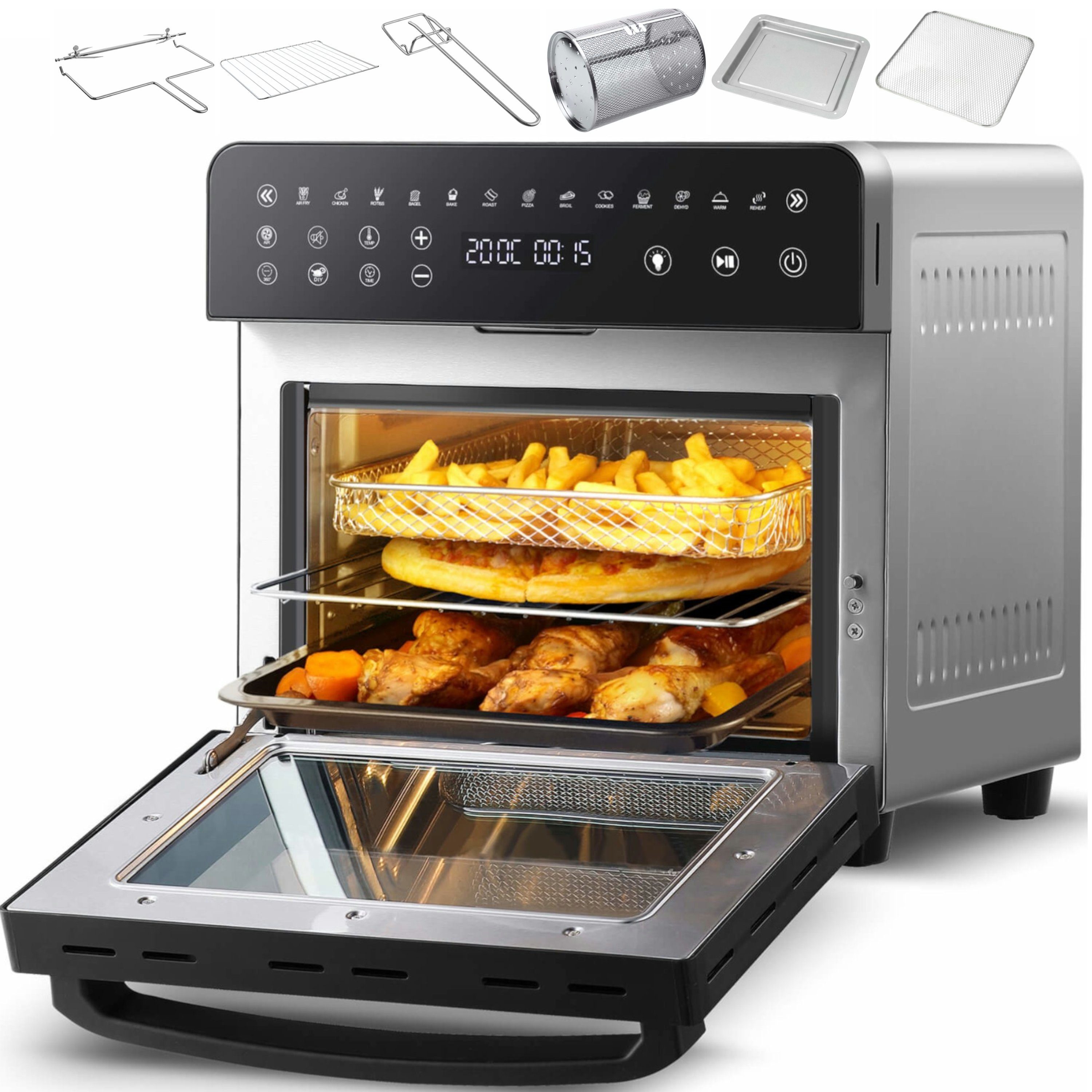 TurboTronic by Z-Line Minibackofen Digitaler XXL Power Airfryer 14 Liter Pommes Korb ab 50°C Heißluftofen, mit Drehspieß für Hähnchen, Konvektionsofen