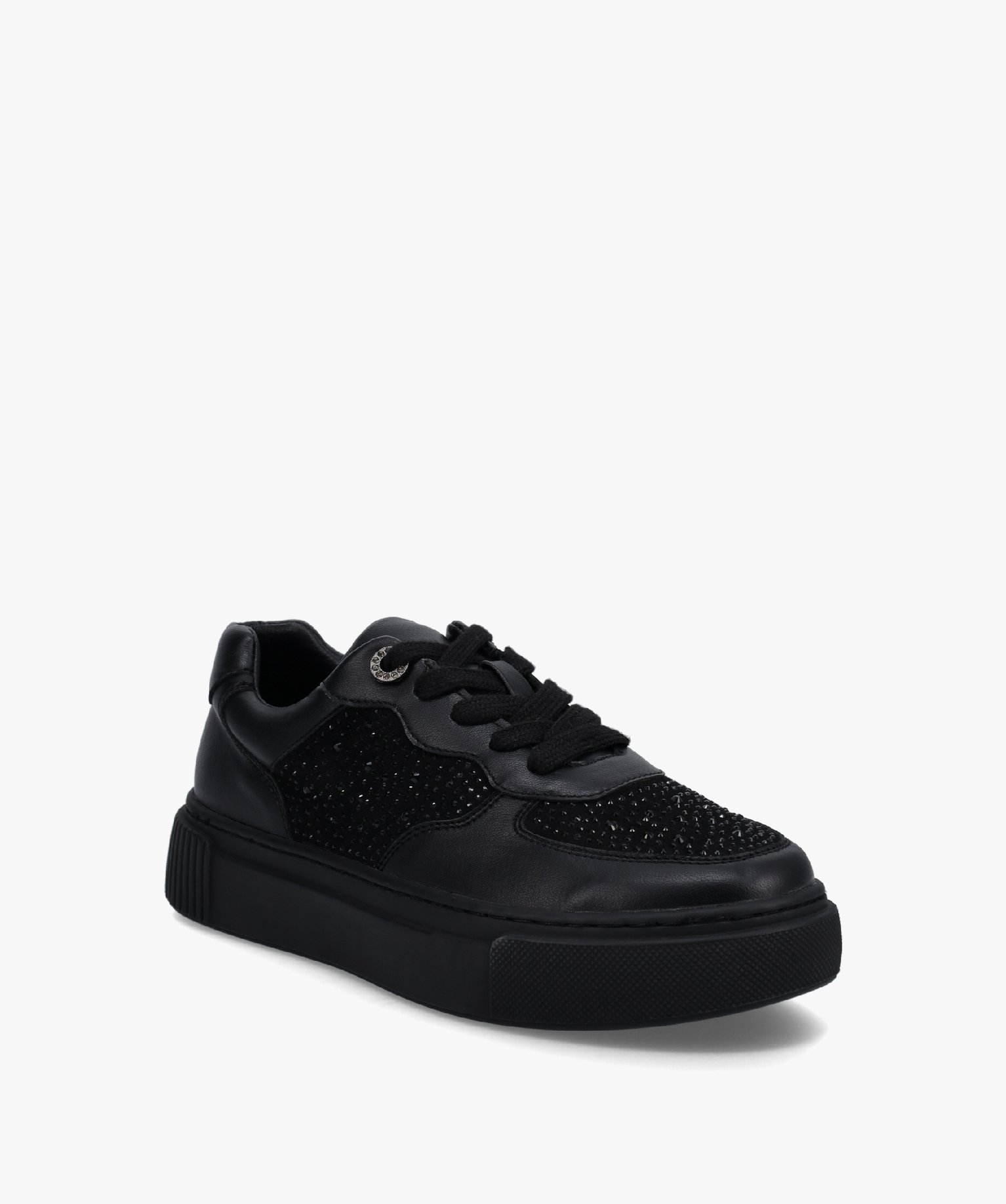 Baskets femme unies à semelle épaisse et dessus strass noir | GEMO