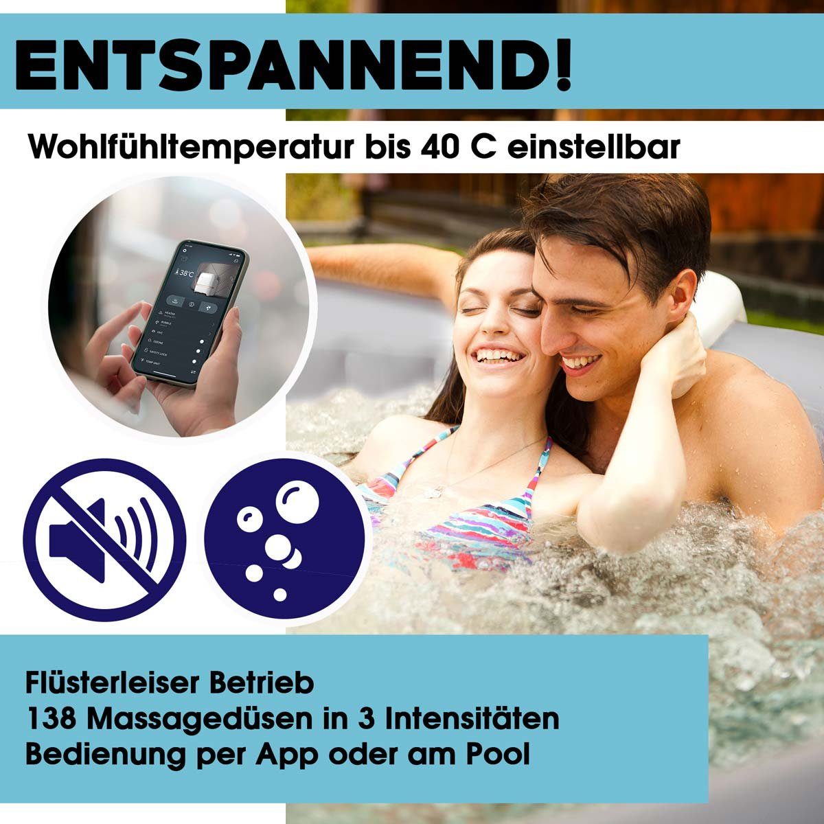 mSpa Whirlpool BRAST aufblasbar Naval für 6 Personen Ø173x65cm In- Outdoor Pool, (Isolierende Bodenmatte Timer Heizung Bubble Spa Wellness Massage, 138 Massagedüsen inkl. aufblasbare Thermoabdeckung)