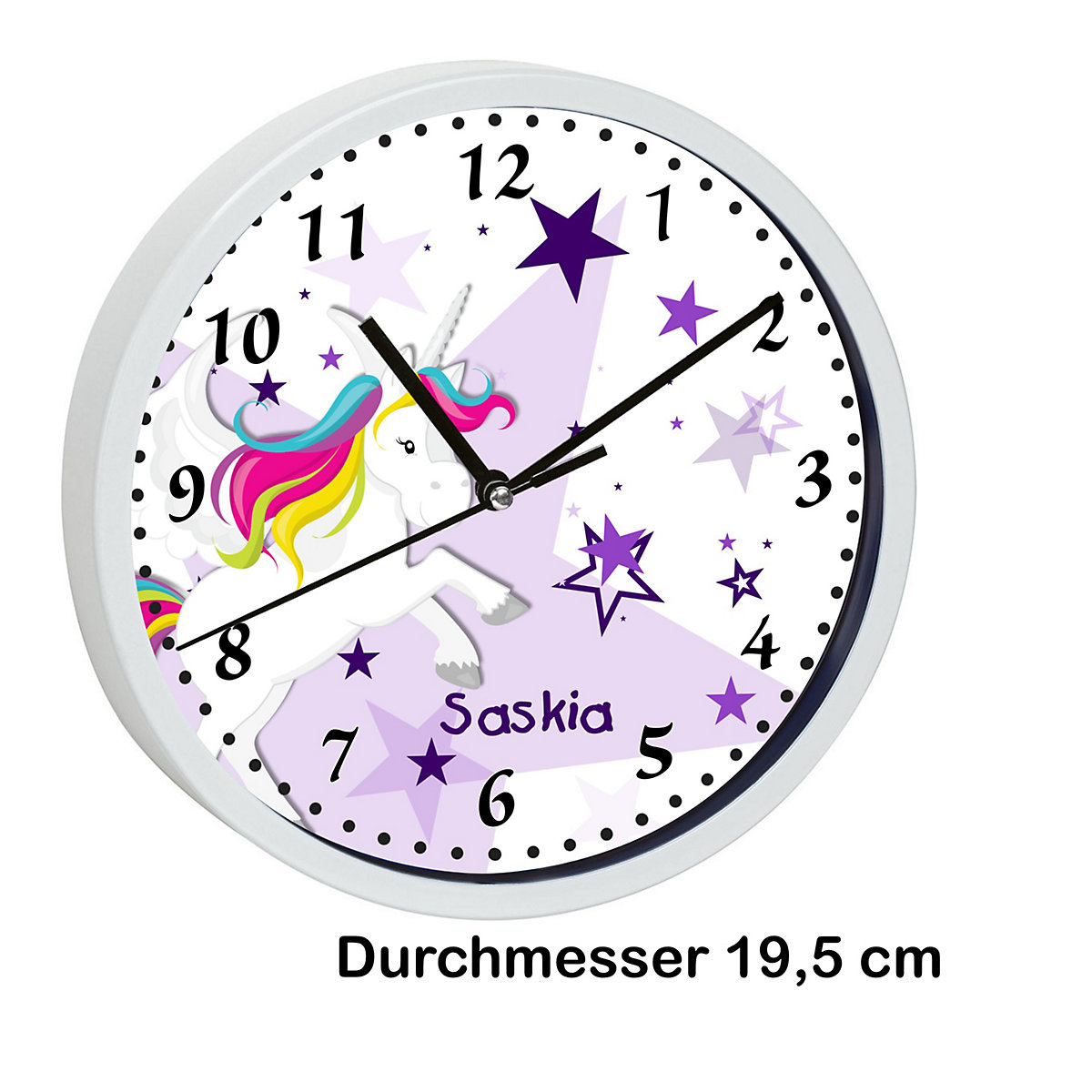 Kinder Wanduhr laufruhig personalisiert mit Name Pegasus Sterne Lila
