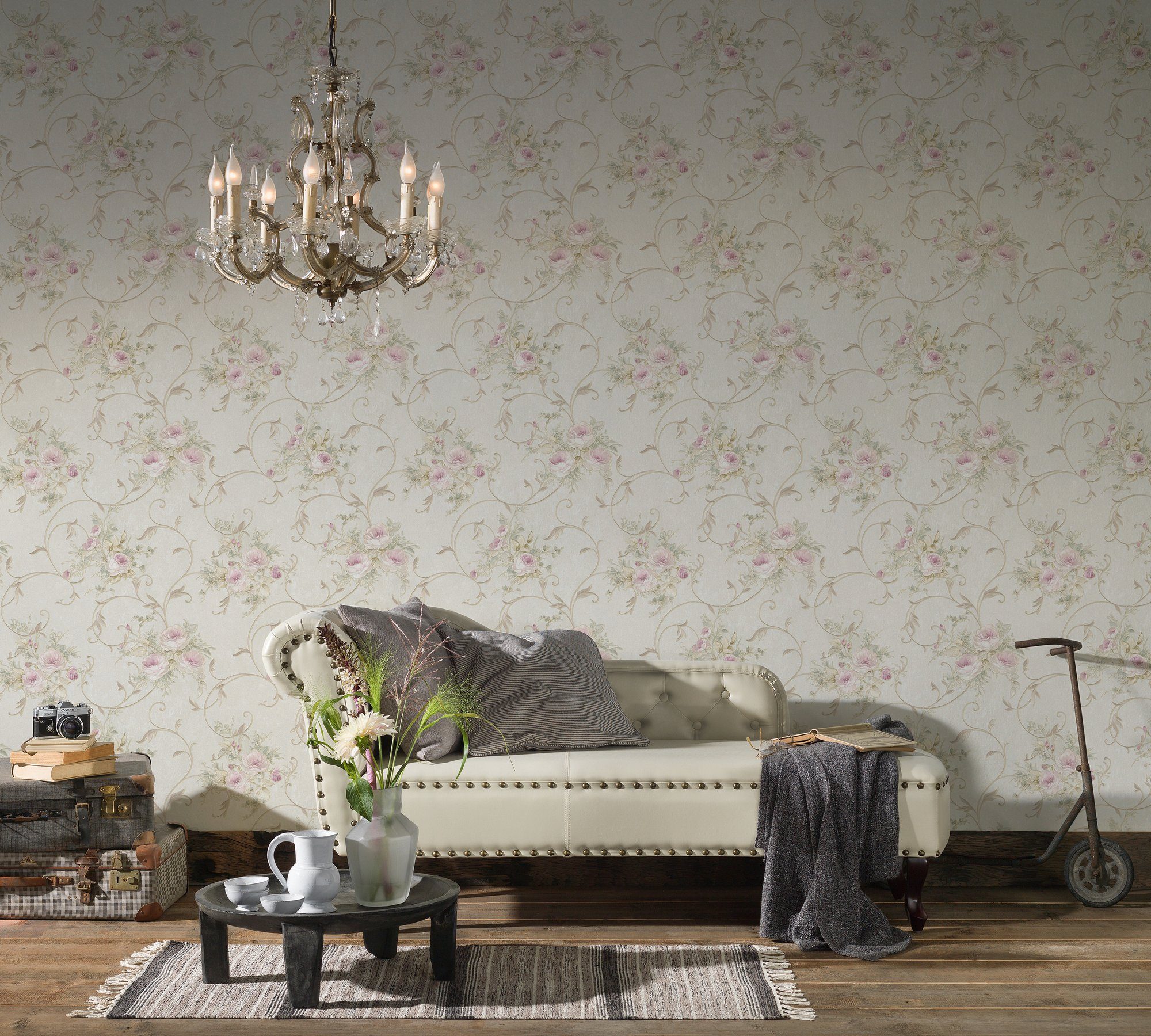 A.S. Création Vliestapete Romantico romantisch floral, floral, Ornament Tapete Blumen Rosa Grün Creme