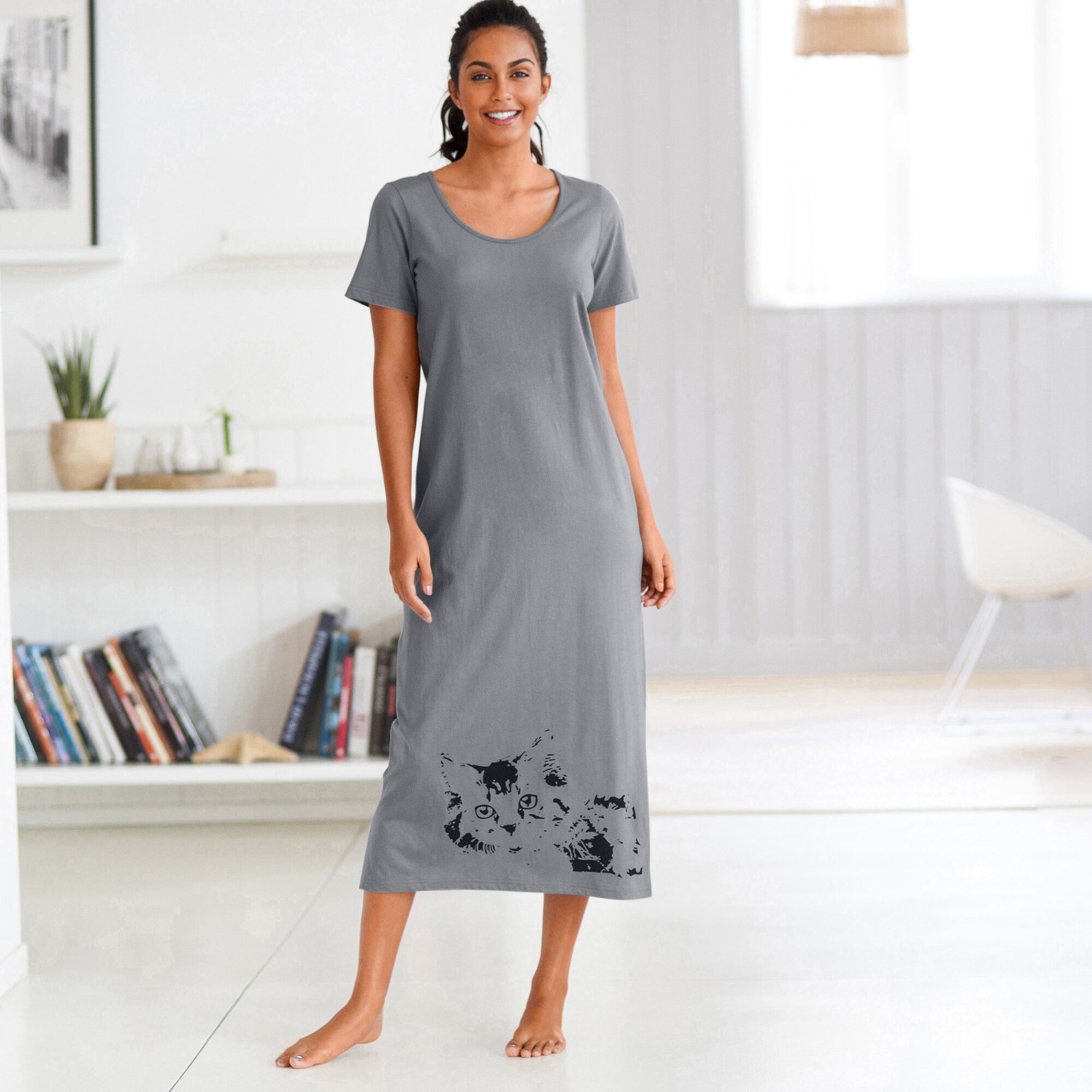 Chemise de nuit longue imprimé chat