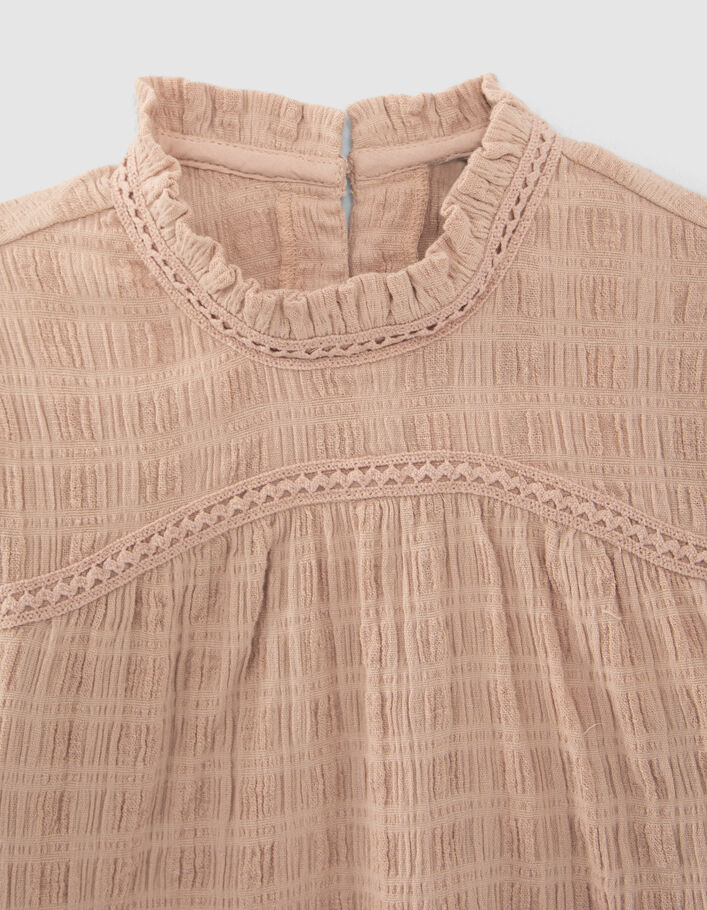 Blouse rose gaufrée avec tulle au col fille