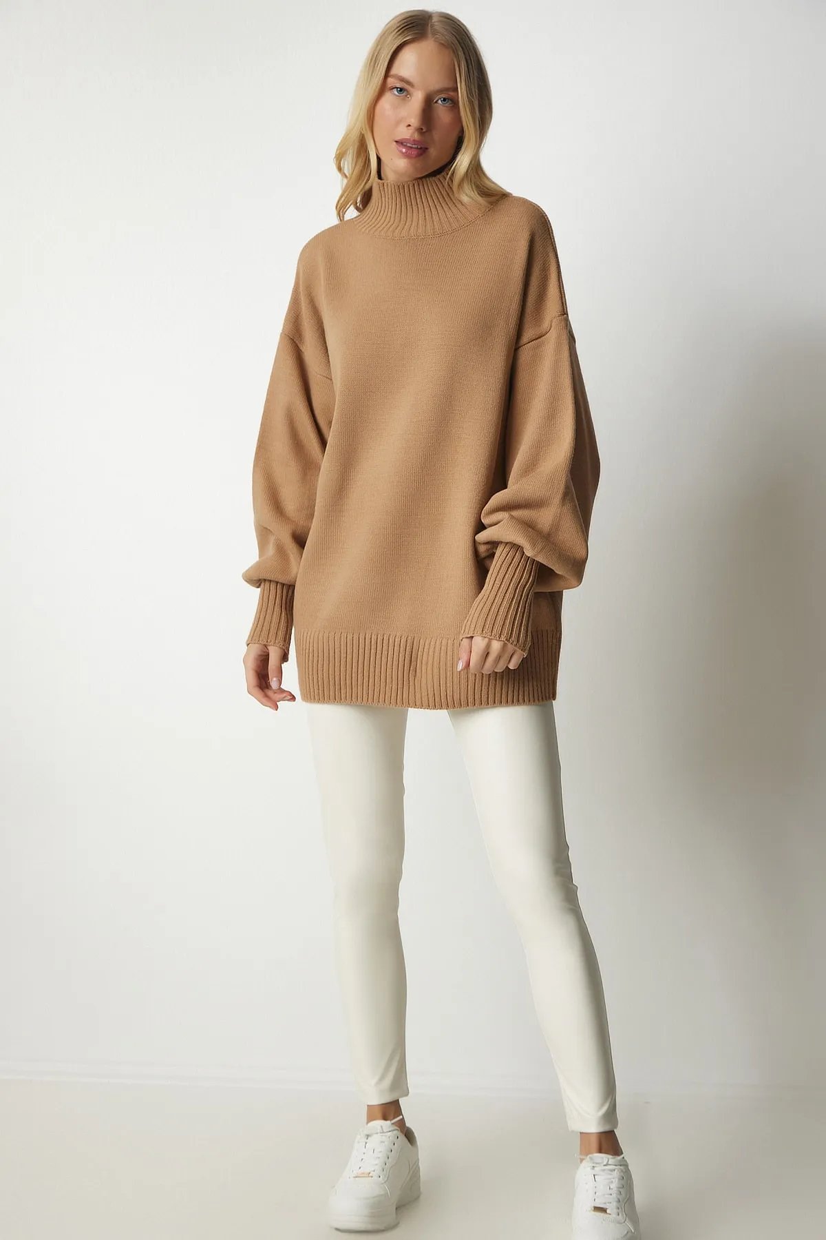 Happiness İstanbul  Damen Biscuit Stehkragen Oversize Basic Strickpullover YY00167