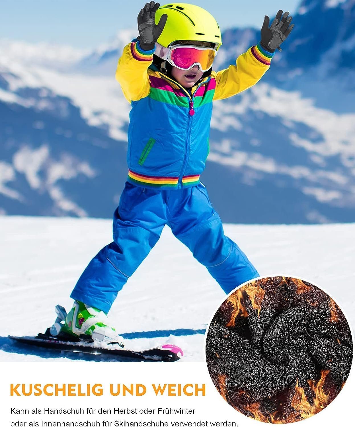 Anqier Fleecehandschuhe Handschuhe Kinder Winter, Warme Softshell Winterhandschuhe Touchscreen (Outdoor Sport Fahrradhandschuhe Für Jungen Mädchen, Kids Anti-Rutsch Winddicht Laufhandschuhe,Schwarz 4-12 Jahre)