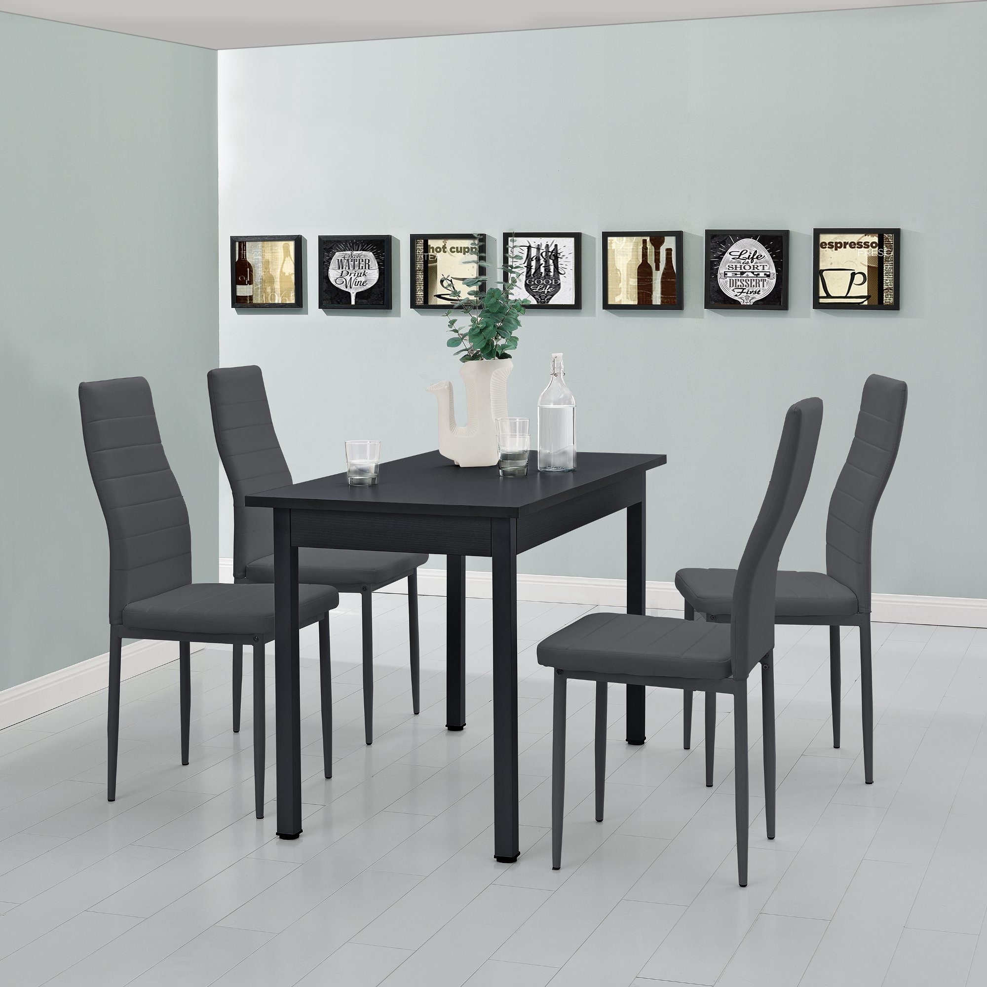 en.casa Essgruppe, (Set, 5-tlg), Jørpeland Esstisch 120x60 cm 4x Esszimmerstuhl Kunstleder Dunkelgrau