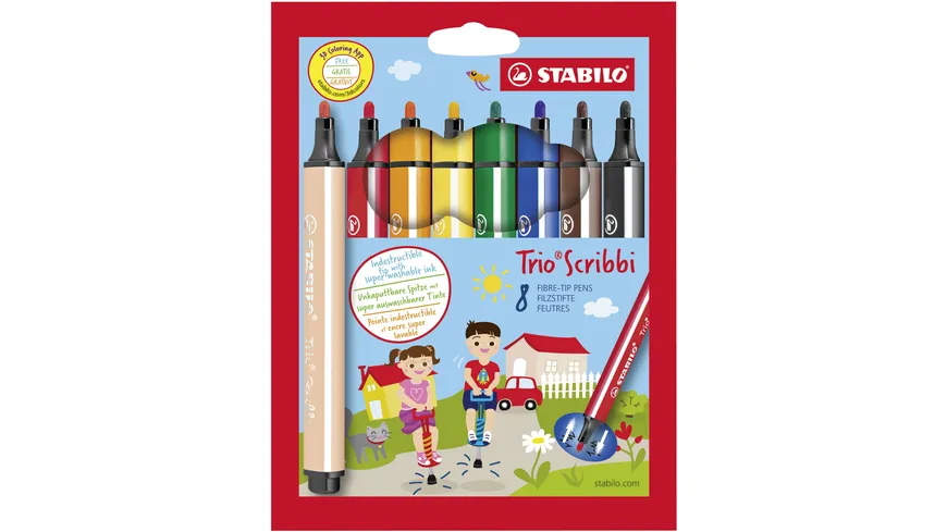 STABILO® Gefederter Dreikant-Filzstift - STABILO Trio Scribbi - 8er Pack - mit 8 verschiedenen Farben sortiert
