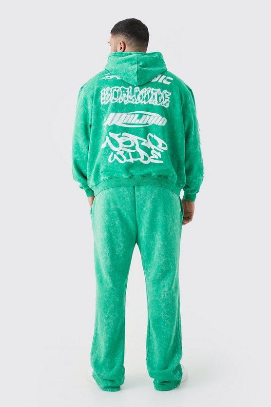 Plus kastiger gerippter Oversize Trainingsanzug mit Print