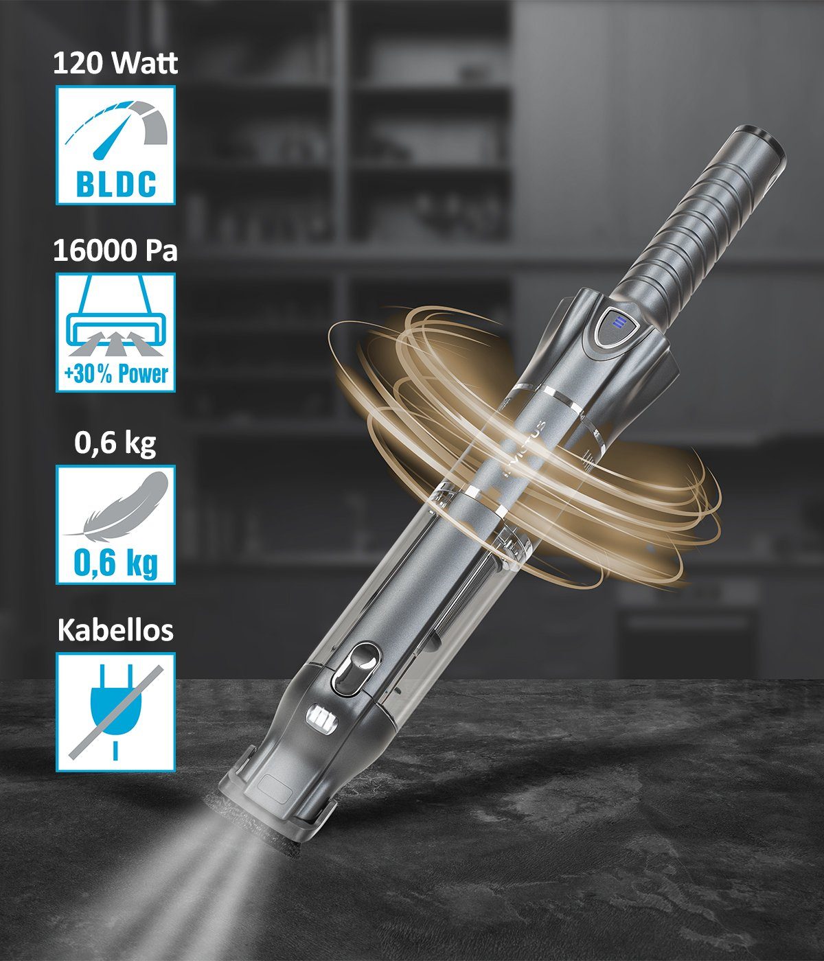 Genius Akku-Handstaubsauger INVICTUS ONE 3.0e Akkusauger Bodenstaubsauger 14-tlg. Kabellos, 120,00 W, beutellos HEPA Filter für Zuhause Auto, Akku Staubsauger 15000 Pa Aufbewahrungstation leicht