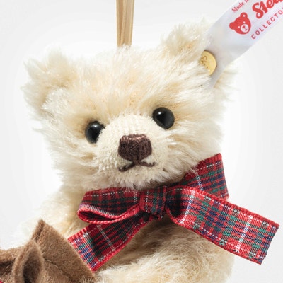 Teddybär Ornament auf Steckenpferd, 11 cm, beige