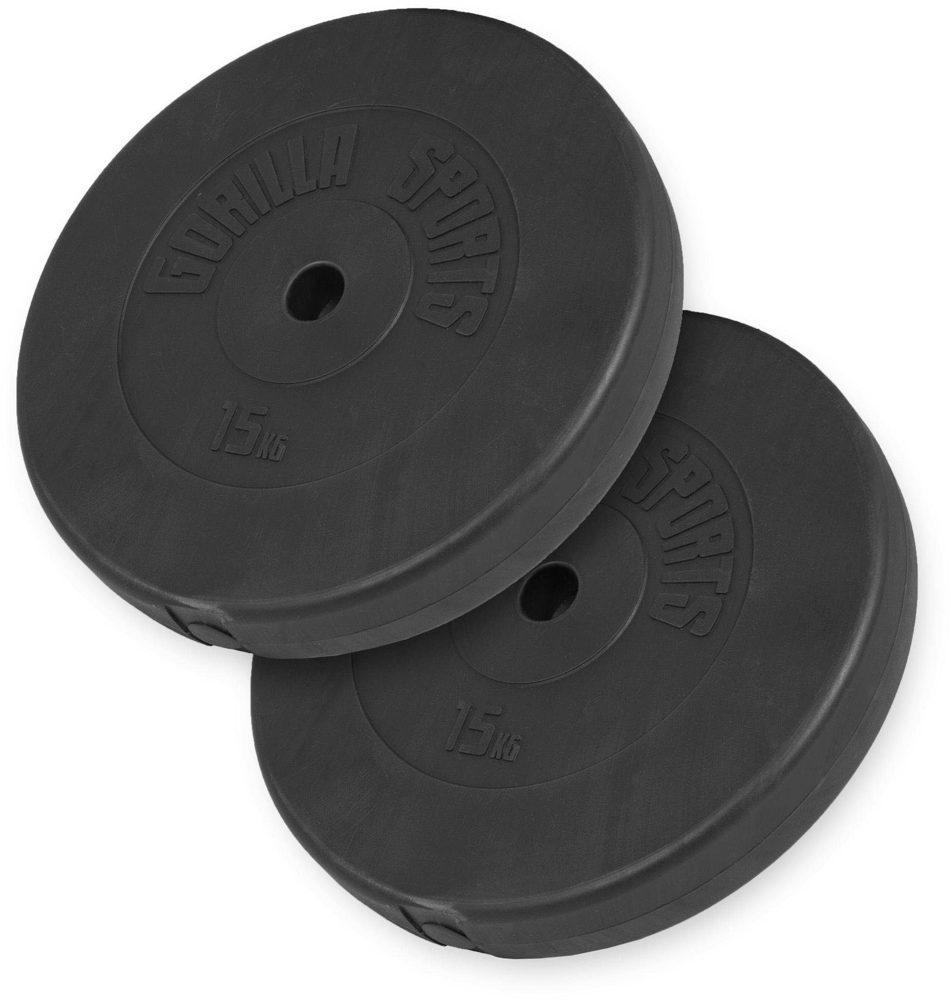 GORILLA SPORTS Hantelscheiben Hantelscheibenset Kunststoff 30 kg - 2 x 15 kg, 30 kg, (Set, 2-tlg), Zement-Kern mit Kunststoff-Ummantelung, geräuscharm und bodenschonend