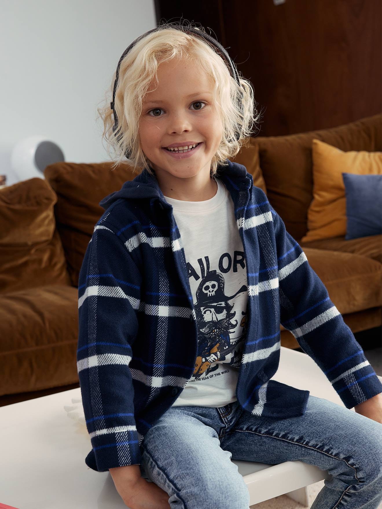 Chemise à capuche à grands carreaux garçon en flanelle marine