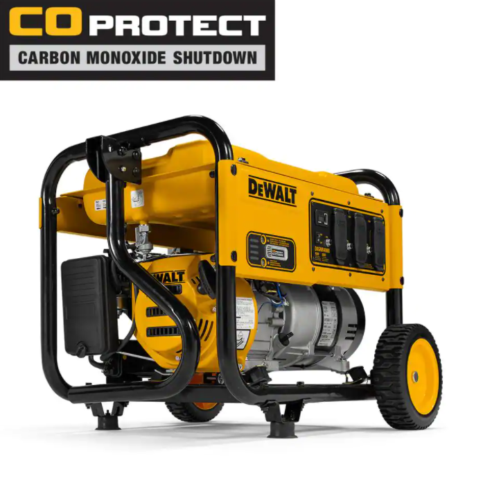 Gerador portátil a gasolina DEWALT de 8000 W com partida elétrica, controle de marcha lenta, tomadas GFCI e proteção contra monóxido de carbono.