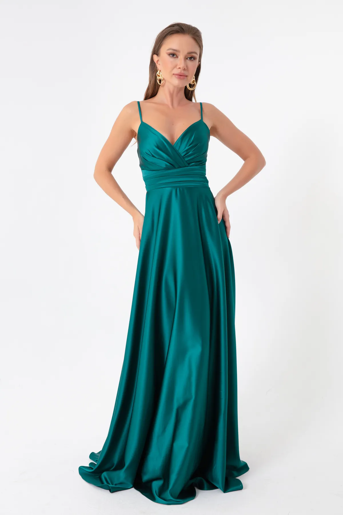 Lafaba  Smaragdgrünes langes Abendkleid und Abschlusskleid aus Satin mit Seilriemen und Taillengürtel für Damen