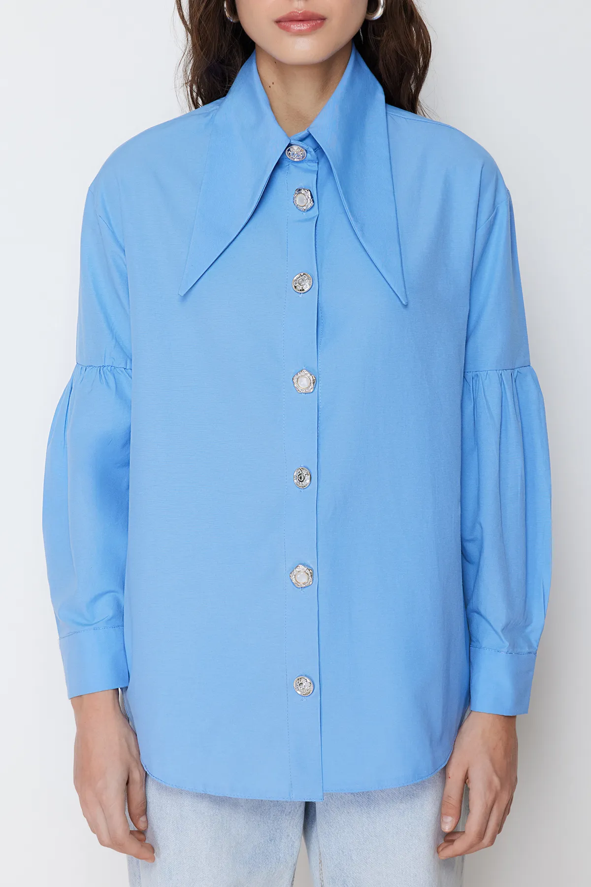 Trendyol Modest  Blaues Baumwoll-Gewebehemd mit Kragen-Accessoire für Babys TCTSS24TG00029