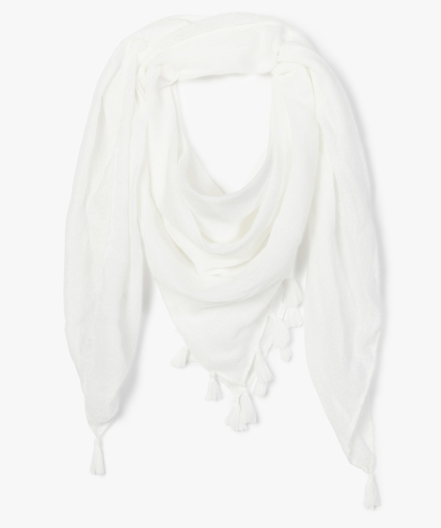 Foulard femme uni en maille texturée et finitions pompons blanc | GEMO