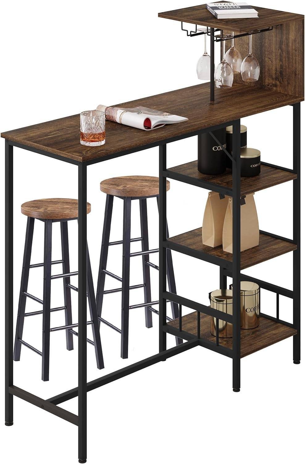 Woltu Bartisch (1 Tisch mit 2 Hocker), mit 3 Ablagen Weinregal Glashalter