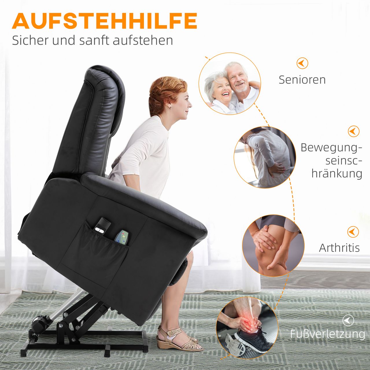 HOMCOM Sessel mit Aufstehhilfe, Verstellbarer Massagesessel Kunstleder Schwarz