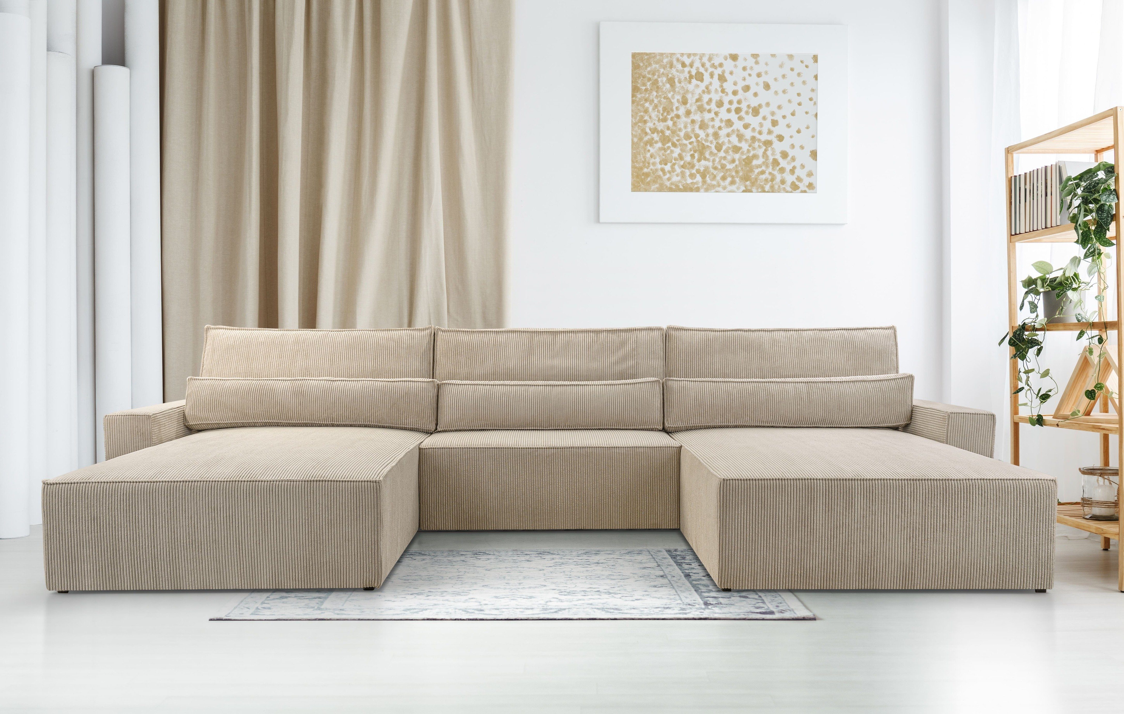 MOEBLO Wohnlandschaft DENVER U, Eckcouch aus Cordstoff Ecksofa U-Form Cord Sofa Couch Polsterecke U-Sofa - 420x85x185cm, mit Bettkasten und Schlaffunktion
