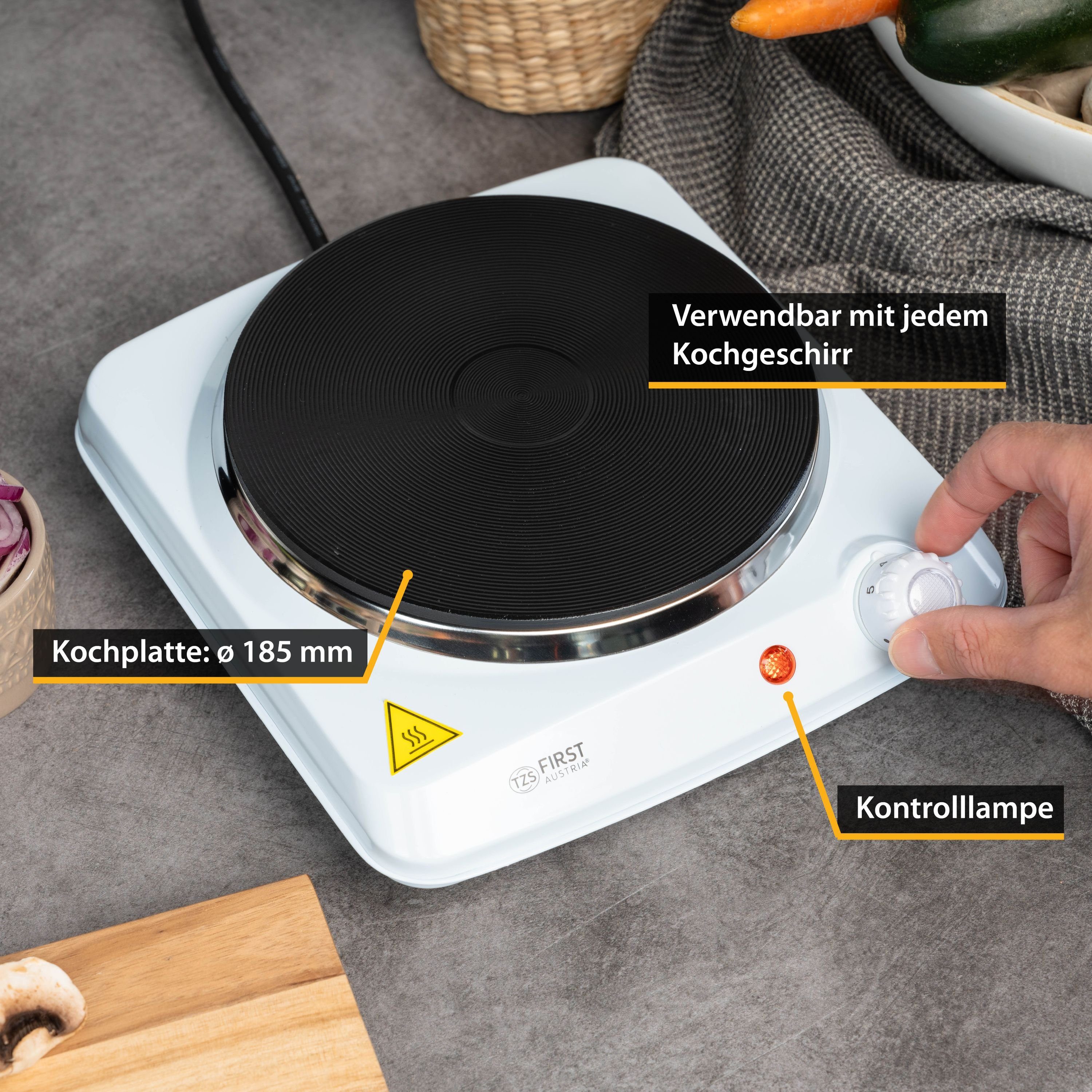 TZS FIRST AUSTRIA Doppelkochplatte Einzelkochplatte 1500W, Gusseisen, Kochplatte Weiß, Herdplatte Camping, Thermostat mit 5 Temperaturstufen