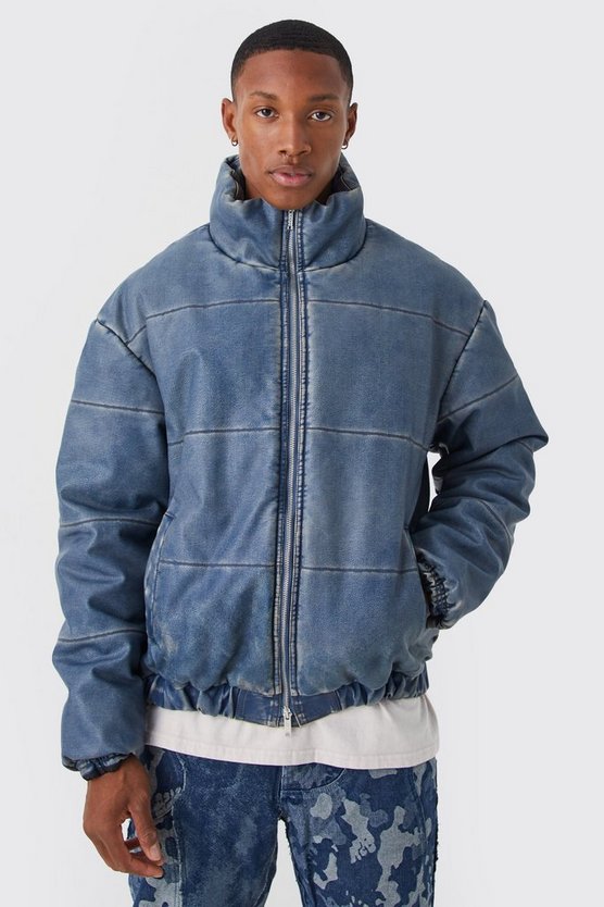 Kastige PU-Steppjacke in Denim-Optik mit Trichterkragen