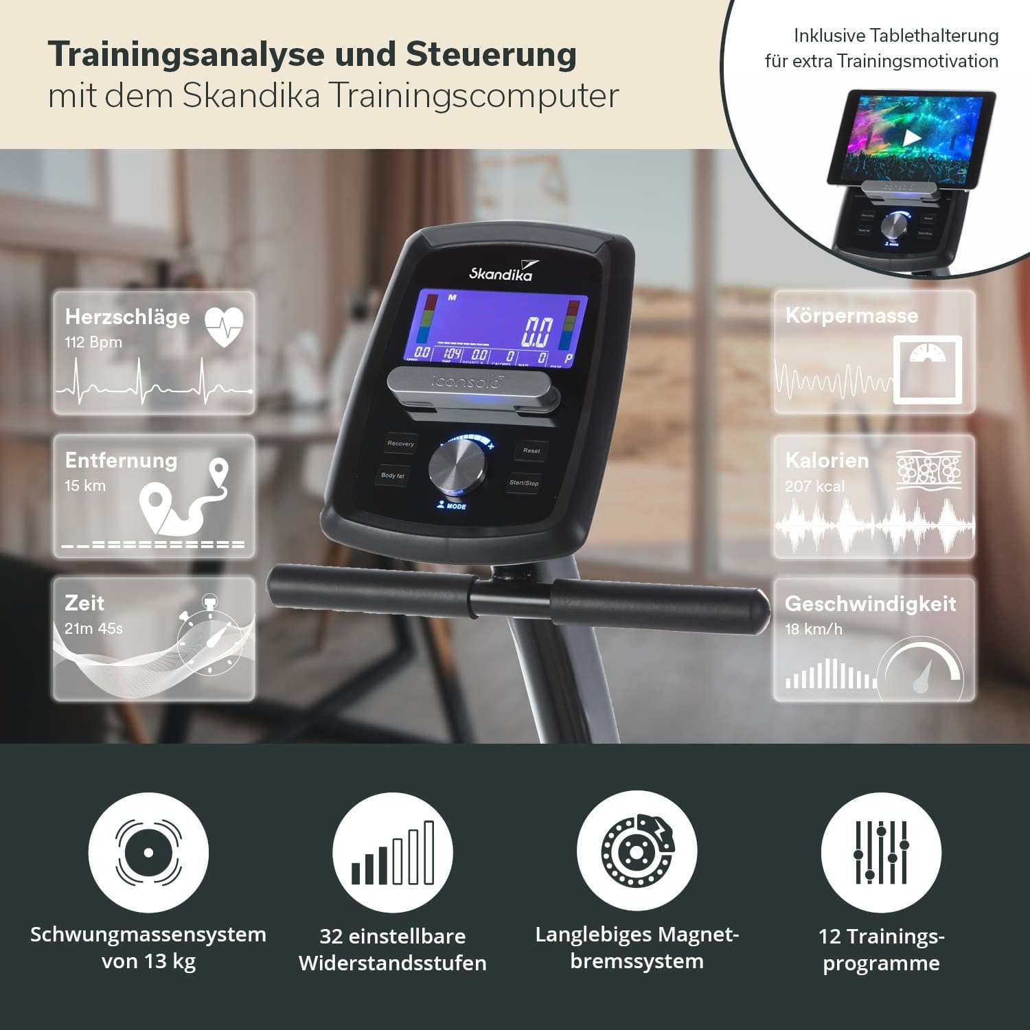 Skandika Ergometer Centaurus (Bluetooth) (schwarz/grau), Liege-Ergometer, Heimtrainer, 13kg Schwungmasse
