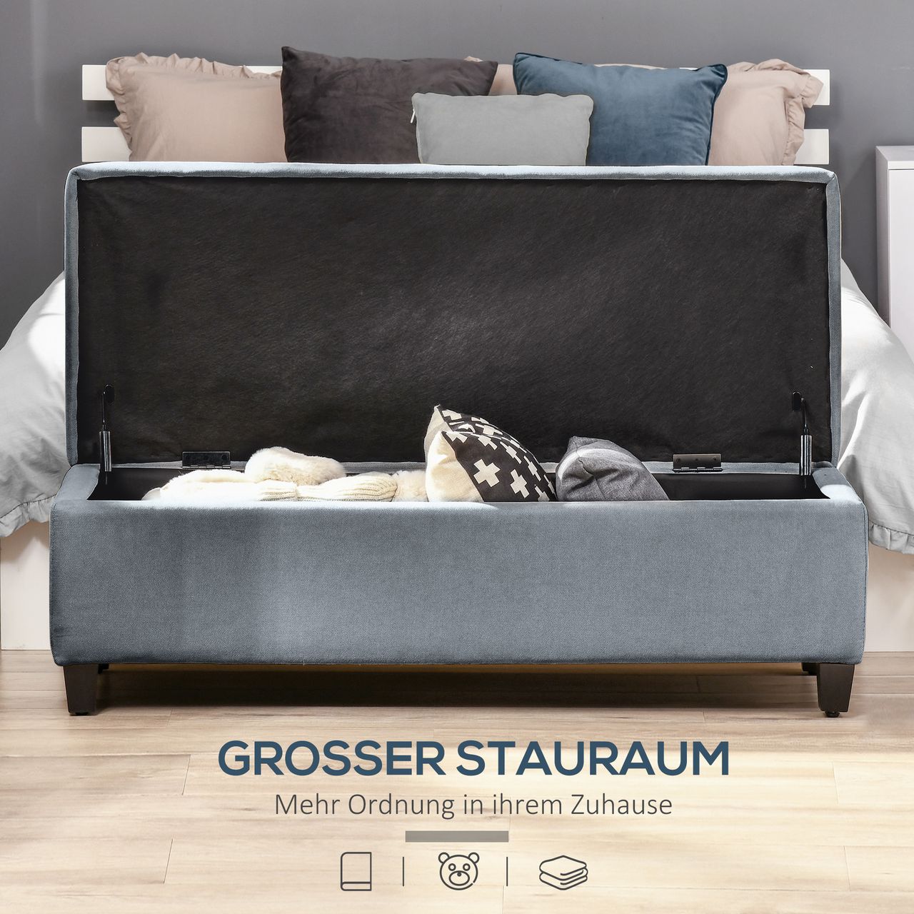 HOMCOM Sitzbank Polsterbank mit Stauraum, Bettbank mit Deckel, Leinenoptik, Grau