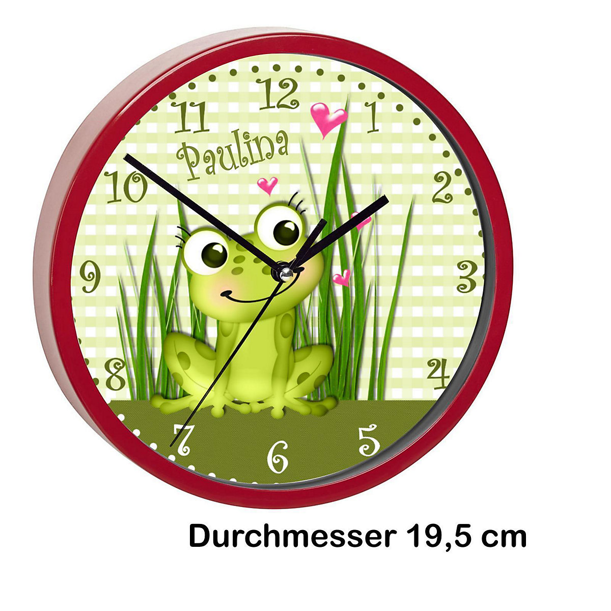 Kinder Wanduhr personalisiert mit Name Frosch-Graß-Karo