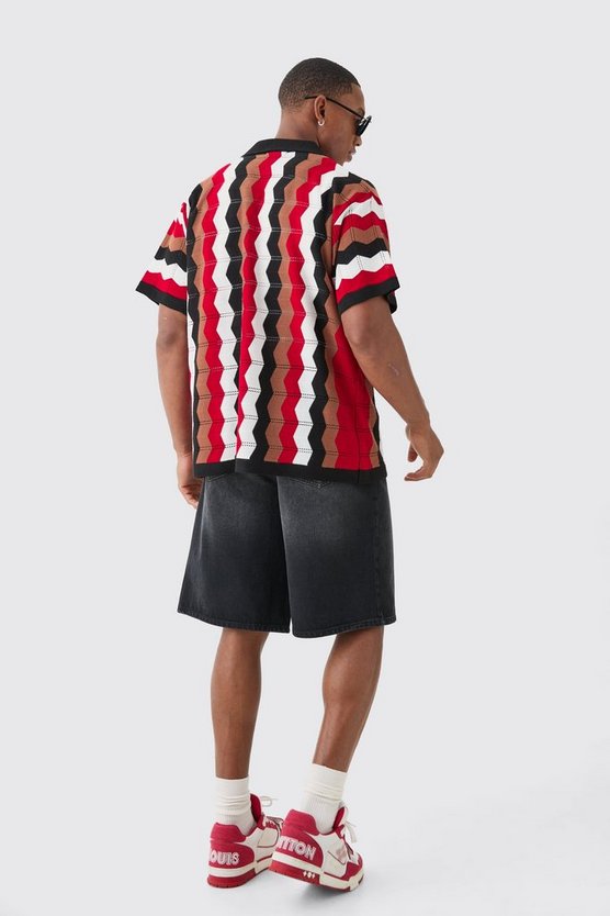 Kastiges gestreiftes Oversize Strick-Hemd