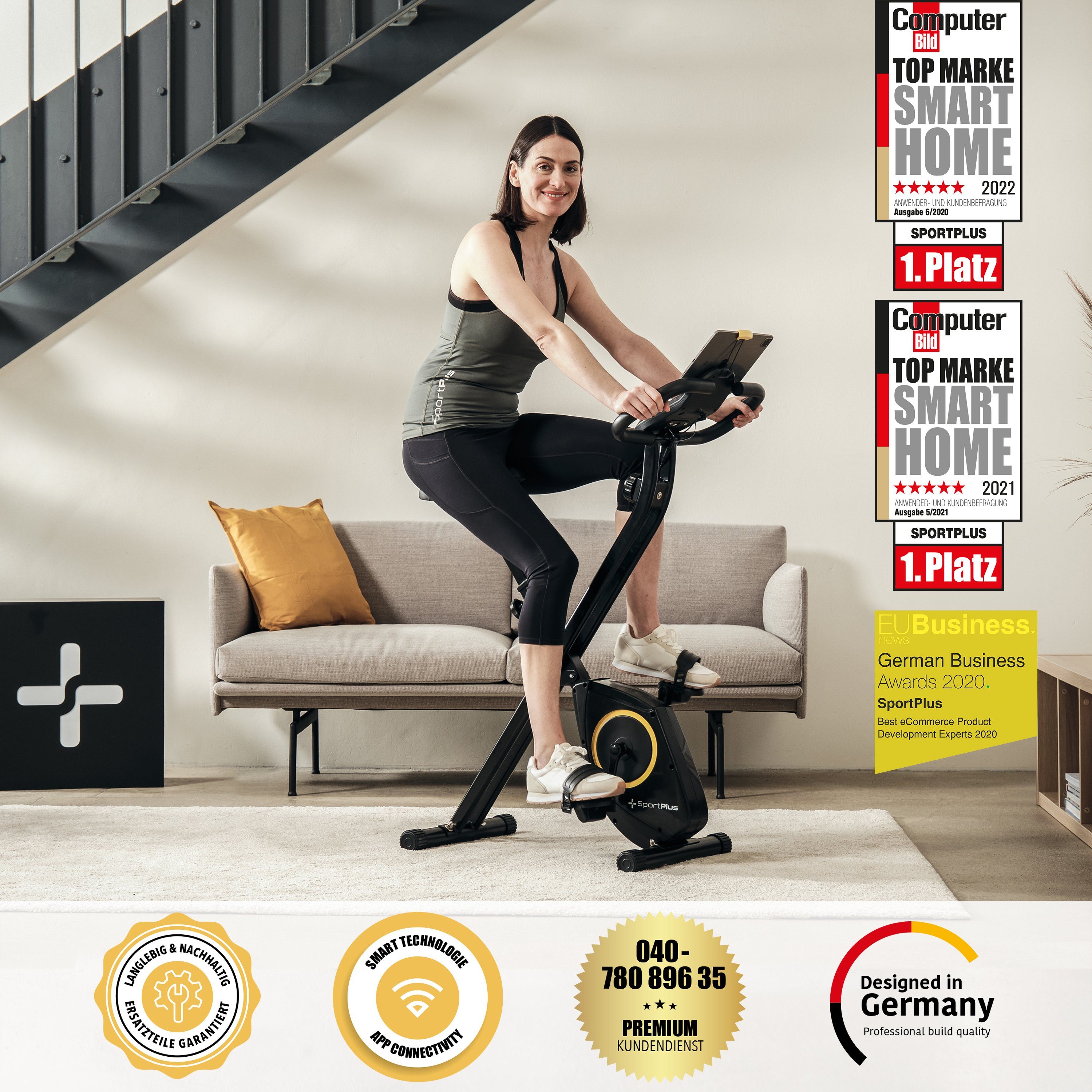 SportPlus Heimtrainer SP-HT-1200-B-iE, Heimtrainer, klappbar für zuhause, X-Bike mit 8 Stufen