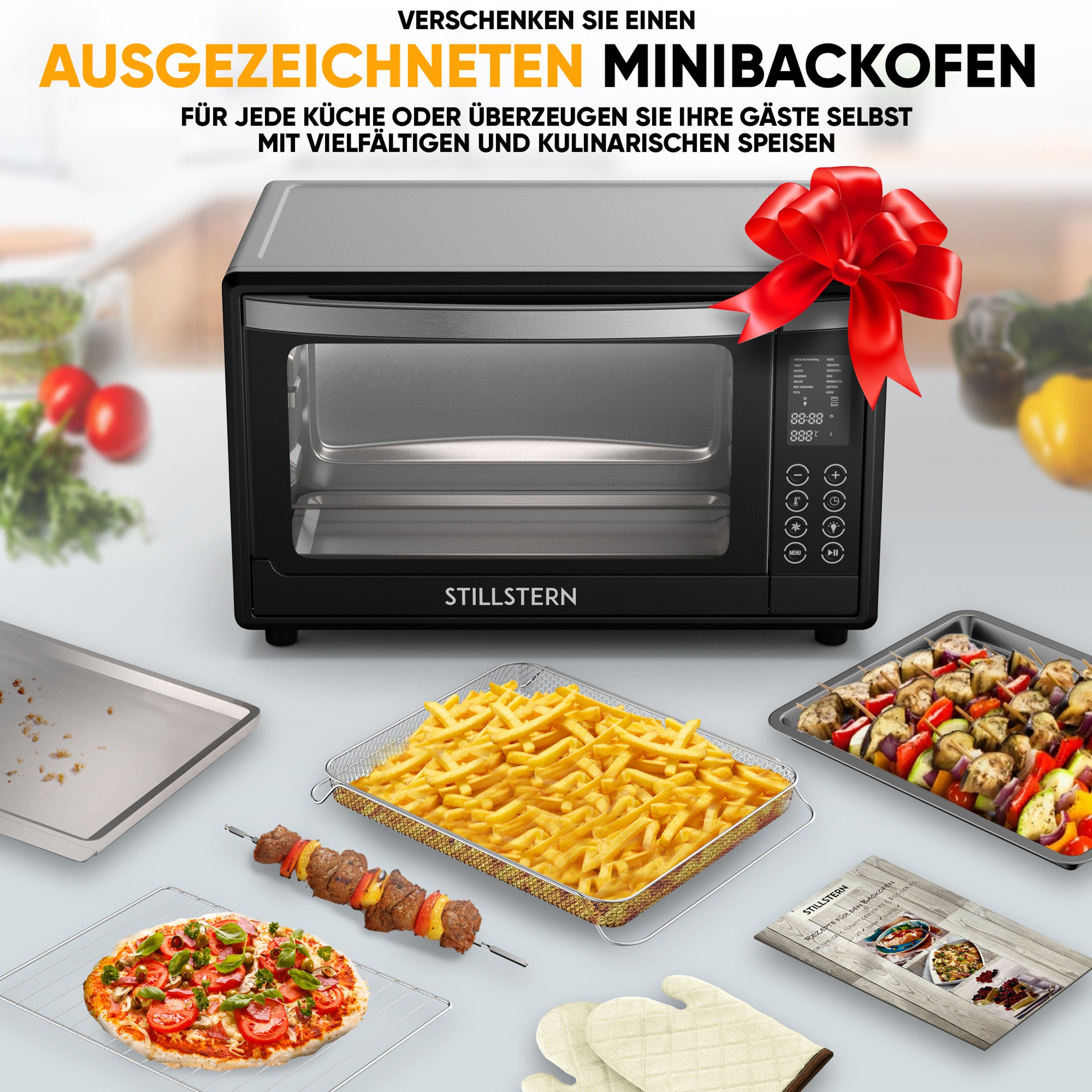 Stillstern Minibackofen MB35-LED 2G (35L) Deutsche Version, Ofenhandschuhe, Rezeptheft, Drehspieß, Timer, Innenbeleuchtung