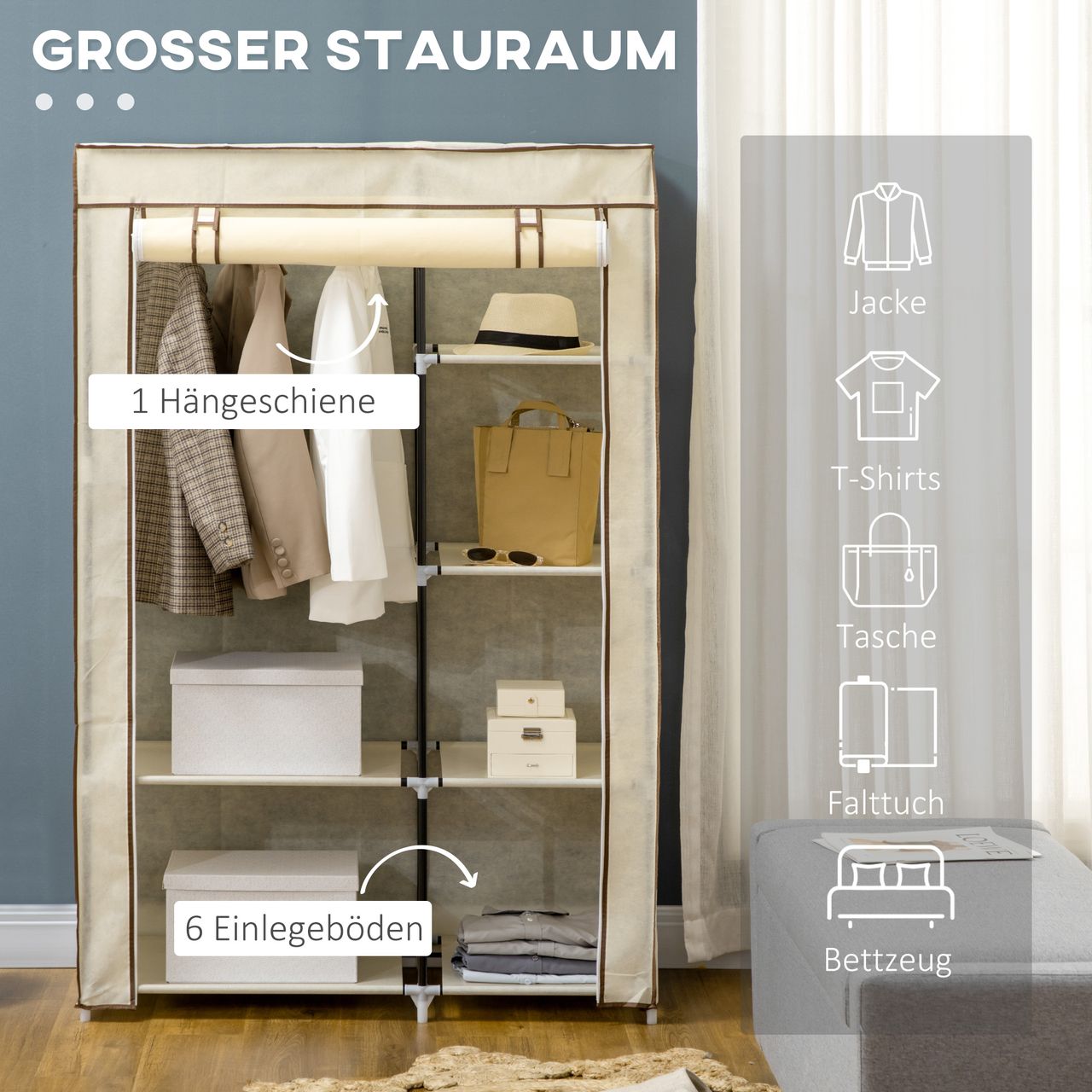 HOMCOM Kleiderschrank Stoffschrank mit 2 Kleiderstangen, 6 Fächern, Creme