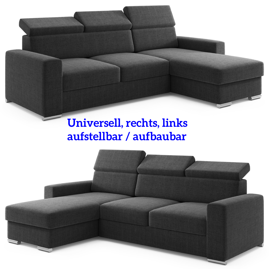 Möbel Punkt Ecksofa TOKIO Webstoff Anthrazit Schwarz mit Bett und Bettkasten Sofa Schlafsofa Wohnlandschaft Polstergarnitur