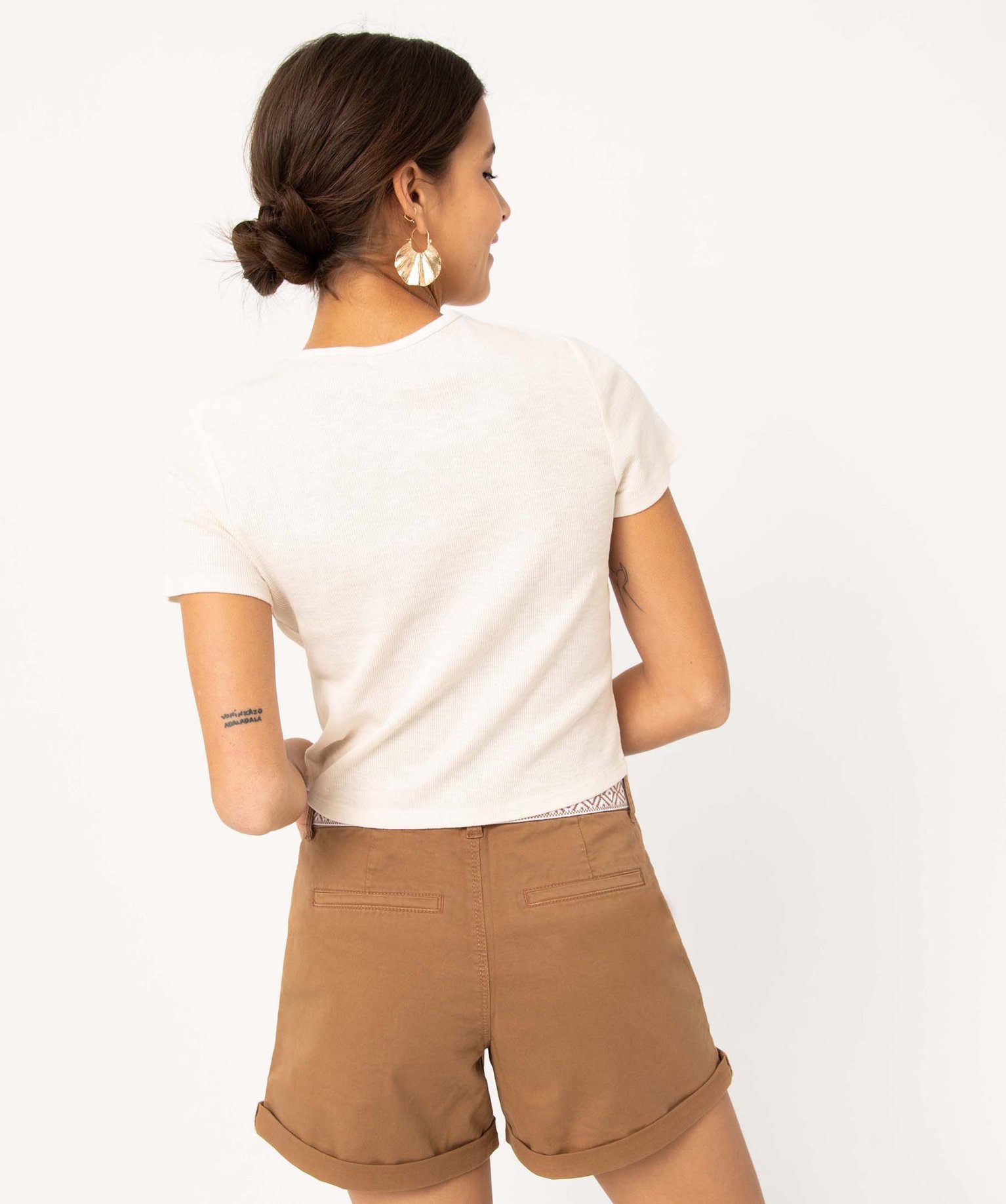 Tee-shirt femme à manches courtes en maille ctelée ecru | GEMO