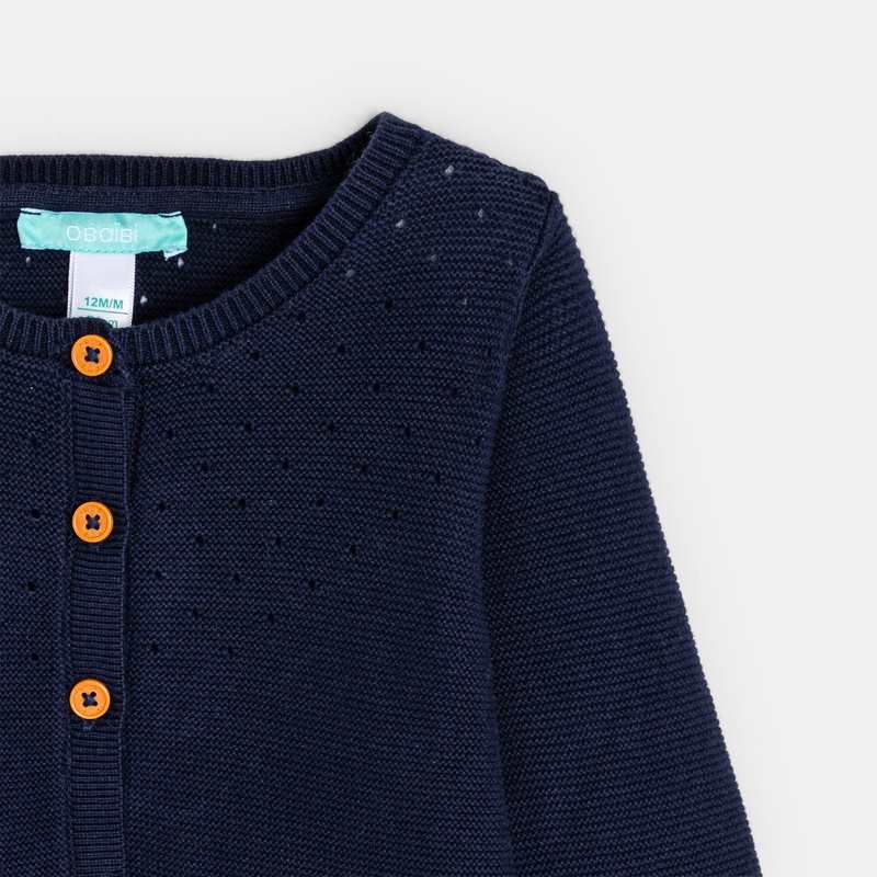 Gilet maille tricot effet pointelle bleu bébé fille