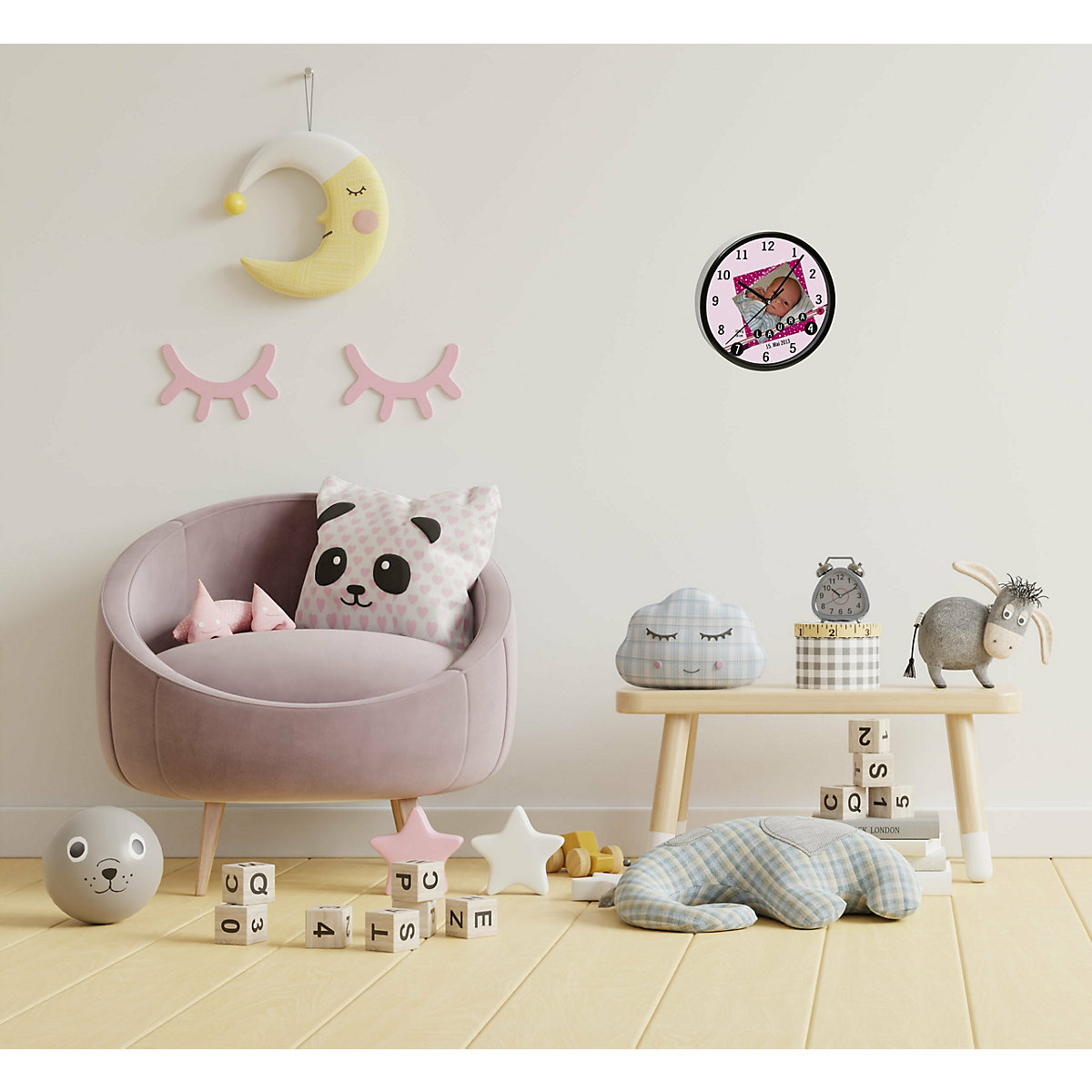 Kinder Wanduhr personalisiert mit Name Scrapbooking rosa