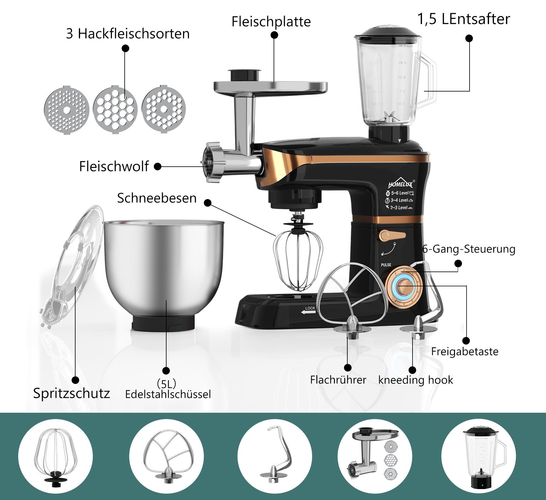 HOMELUX Küchenmaschine 3in1 Multifunktions Standmixer, 2000 W, 5 l Edelstahlschüssel, 2000,00 W, 5,00 l Schüssel, 6 Geschwindigkeiten Knetmaschine, Fleischwolf, Rührmaschine