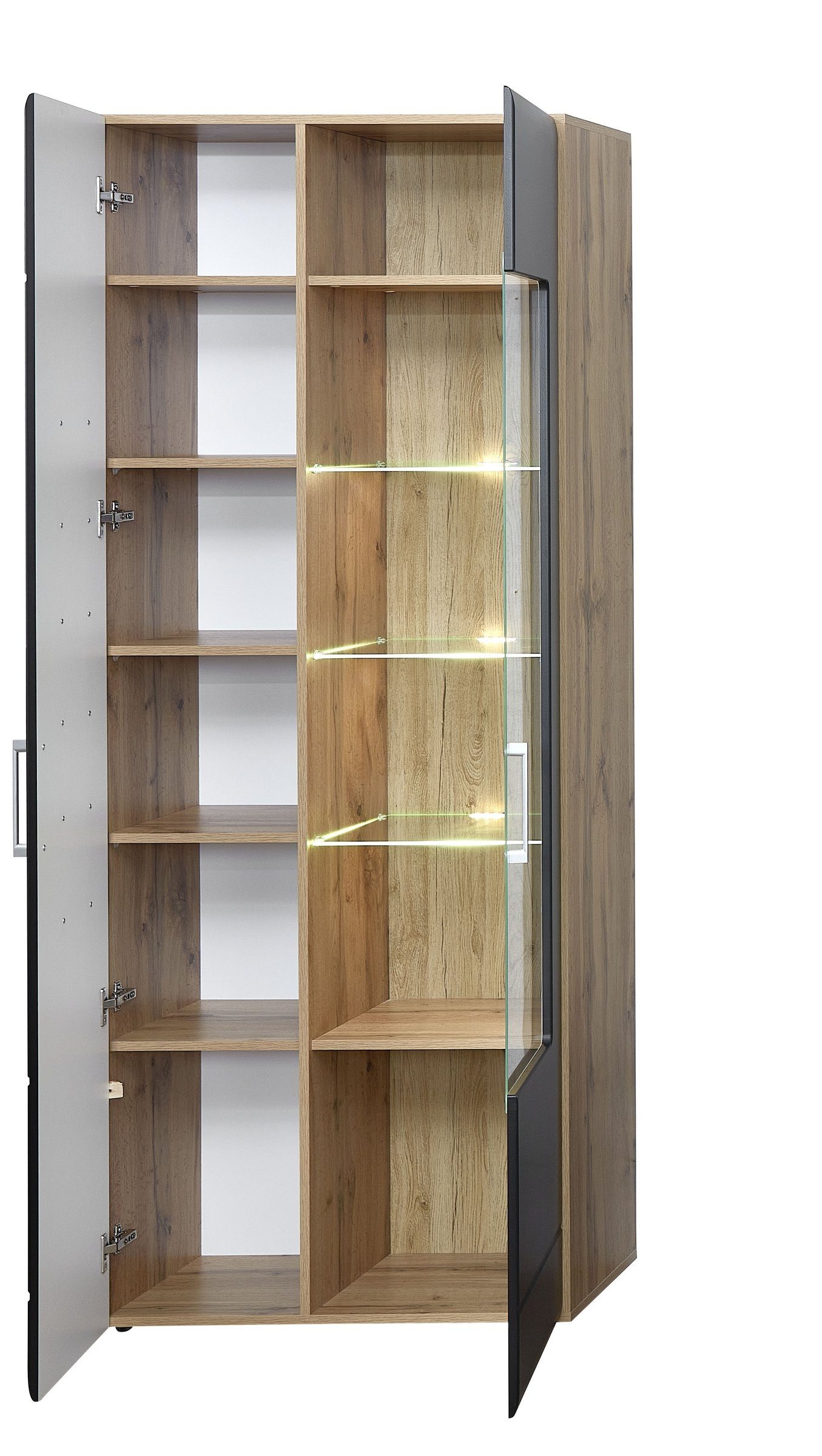 möbelando Wohnwand Sidonia, (5-St), Moderne Wohnwand. Korpus aus MDF in Eiche Altholz Nachbildung, Front in Lack Laminat schwarz supermatt, Griffe in chrom matt und Absetzung in Hirnholz Nachbildung