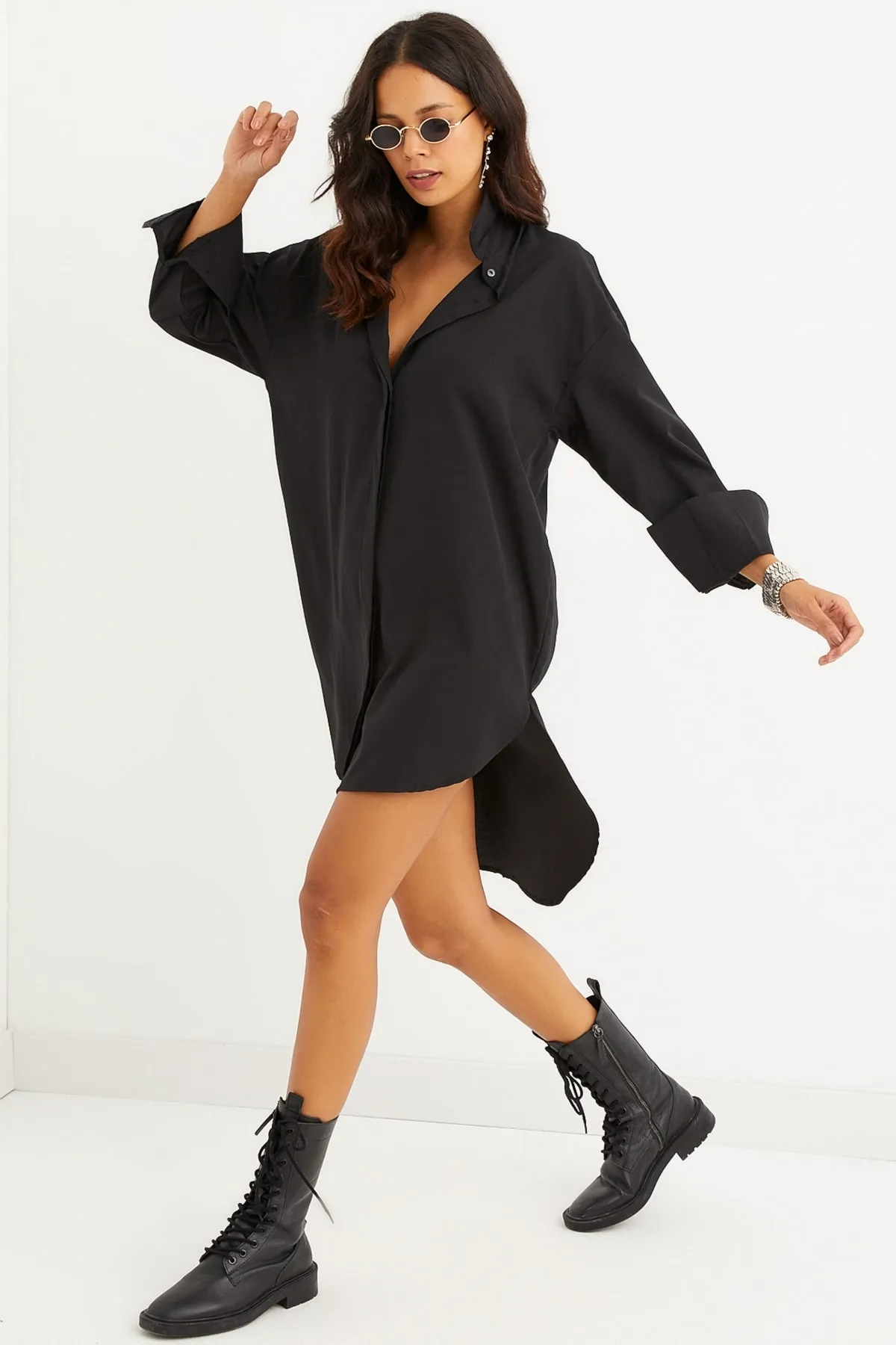 Cool & Sexy  Schwarzes Tunika-Hemdkleid mit versteckten Knöpfen für Damen SF1292