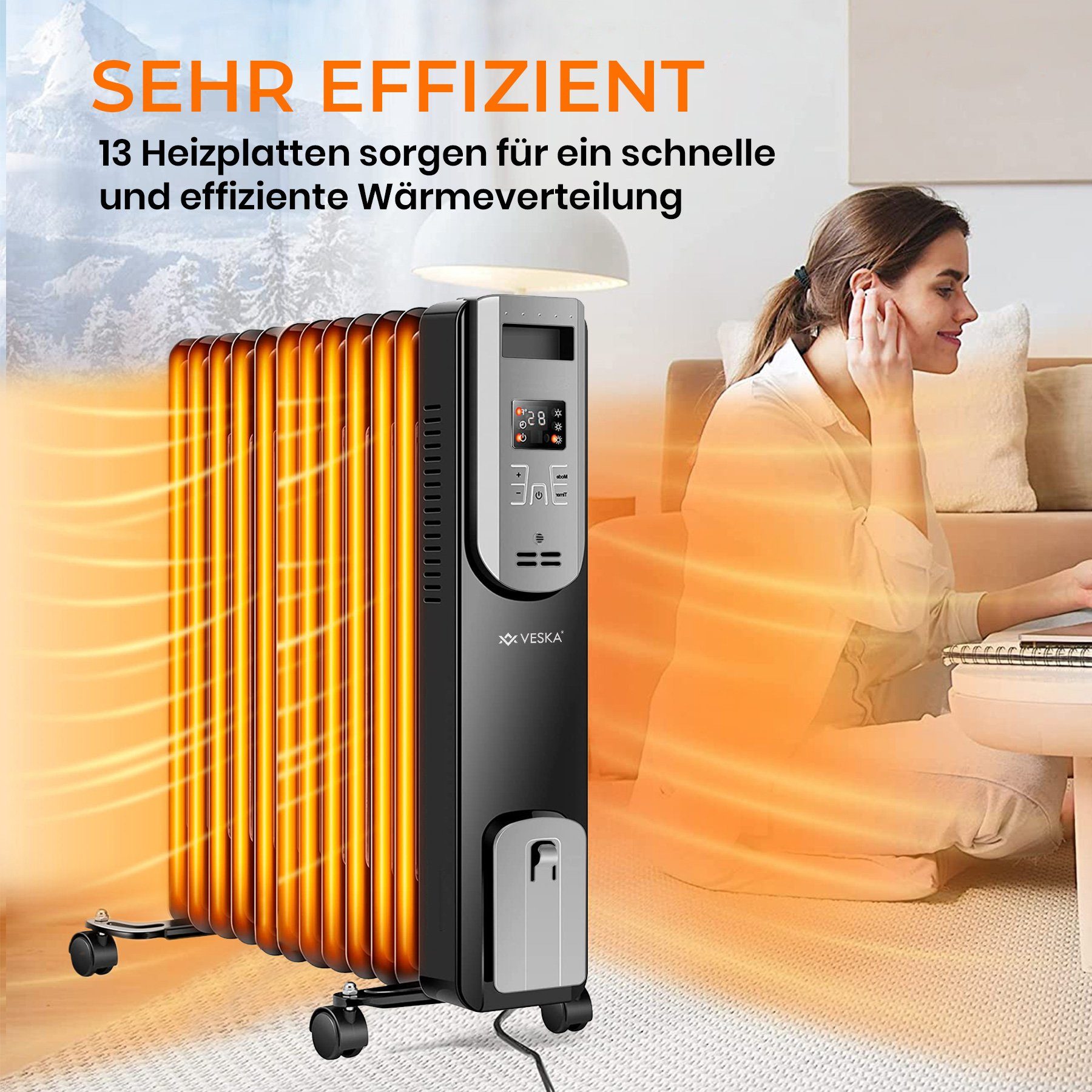 VESKA Heizkörper Ölradiator 2500W Elektro Heizung mit Fernbedienung, Timer, Thermostat, Abschaltautomatik, Überhitzungsschutz 2500 Watt