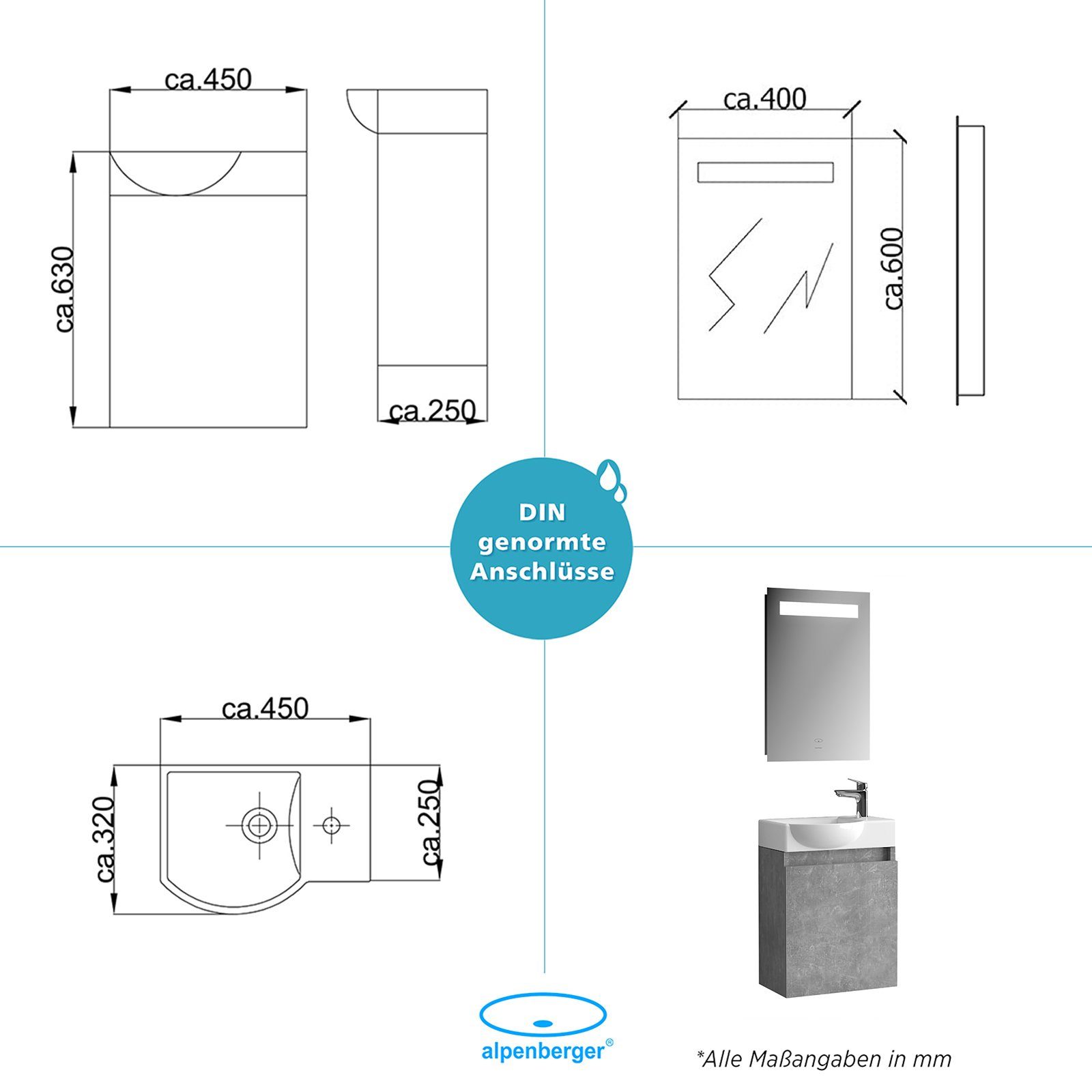 Alpenberger Badmöbel-Set Badschrank Grau 45 cm mit Waschbecken und LED Spiegel, (3-tlg. Vormontiert, 3-St., Badezimmermöbel Komplett SET), Keramik Handwaschbecken & Softclose Schrank & LED Badspiegel