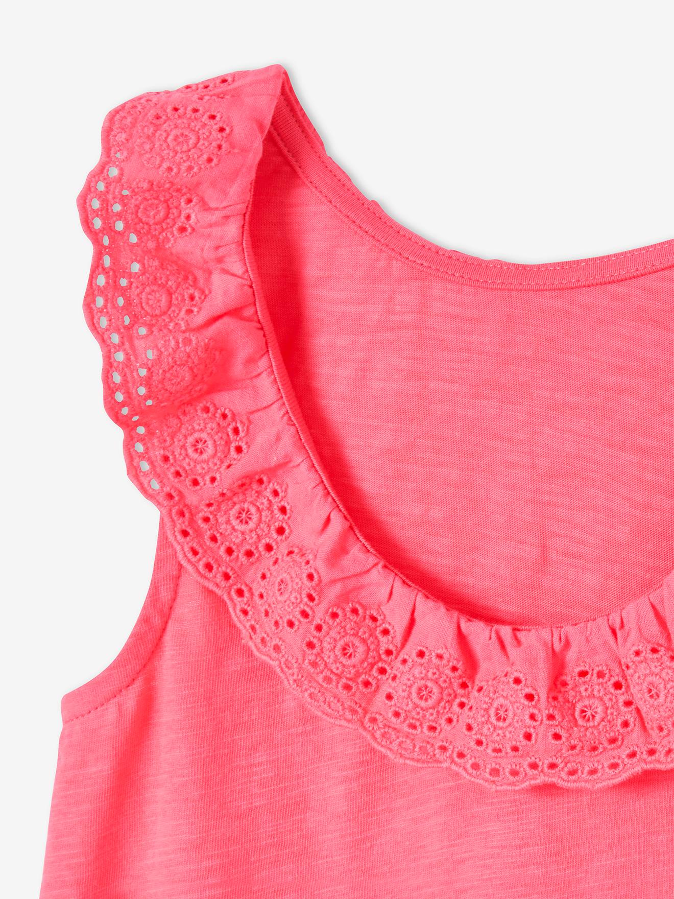 Débardeur fille col volanté en broderie anglaise bleu