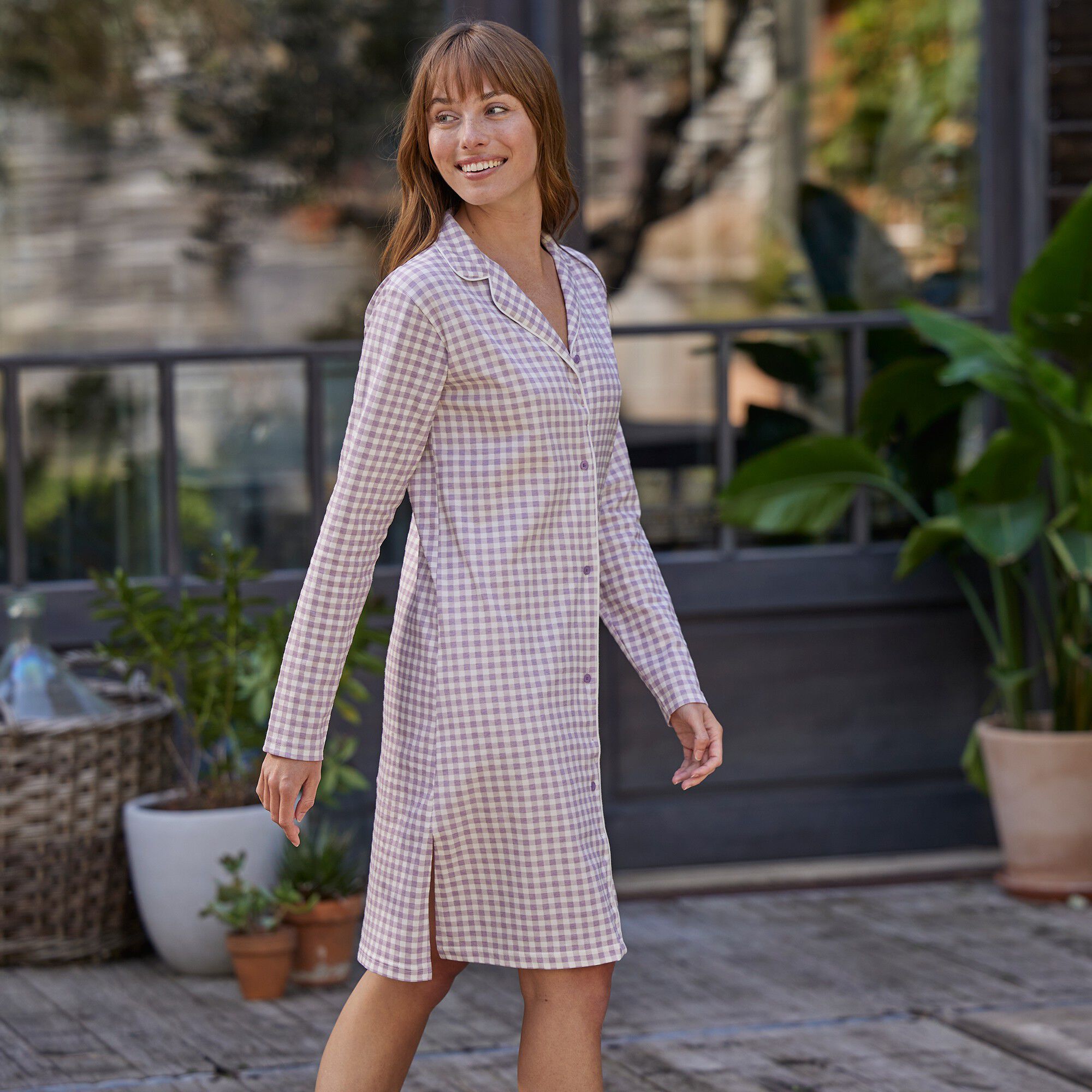 Chemise de nuit boutonnée imprimé petits carreaux