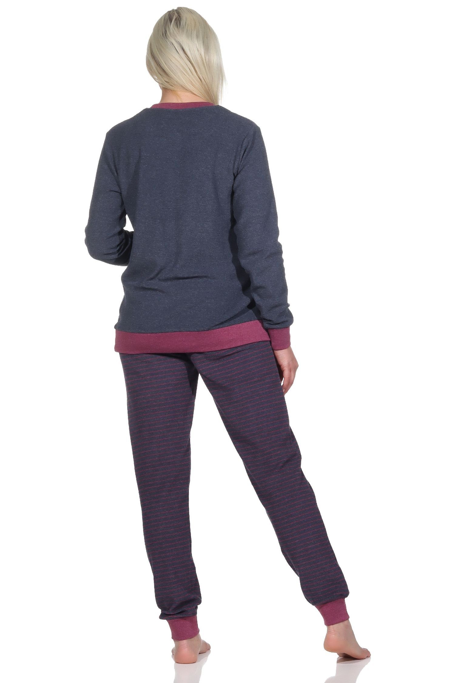 Normann Pyjama Damen Frottee Pyjama mit Bündchenund Stern Motiv Hose gestreift