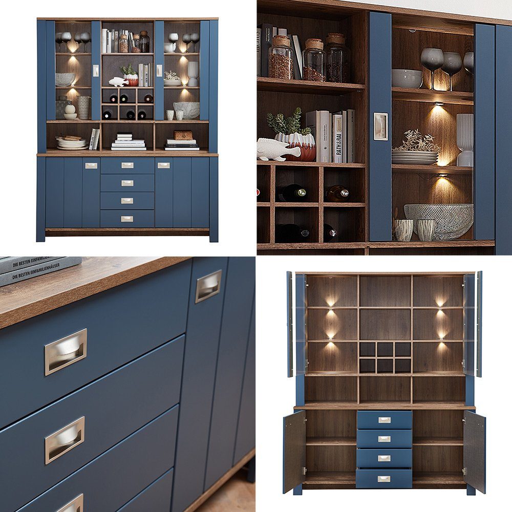 Lomadox Buffet DEVON-36 Landhaus in blau mit Details in Eiche Nb., inkl. LED Beleuchtung