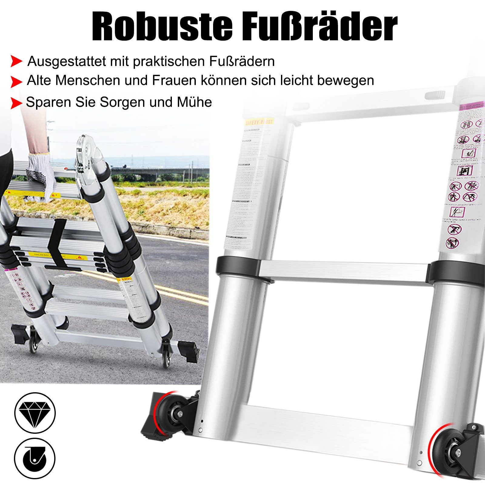 UISEBRT Teleskopleiter Klappbar Aluminiumleiter Ausziehleiter (1,9M+1,9M)