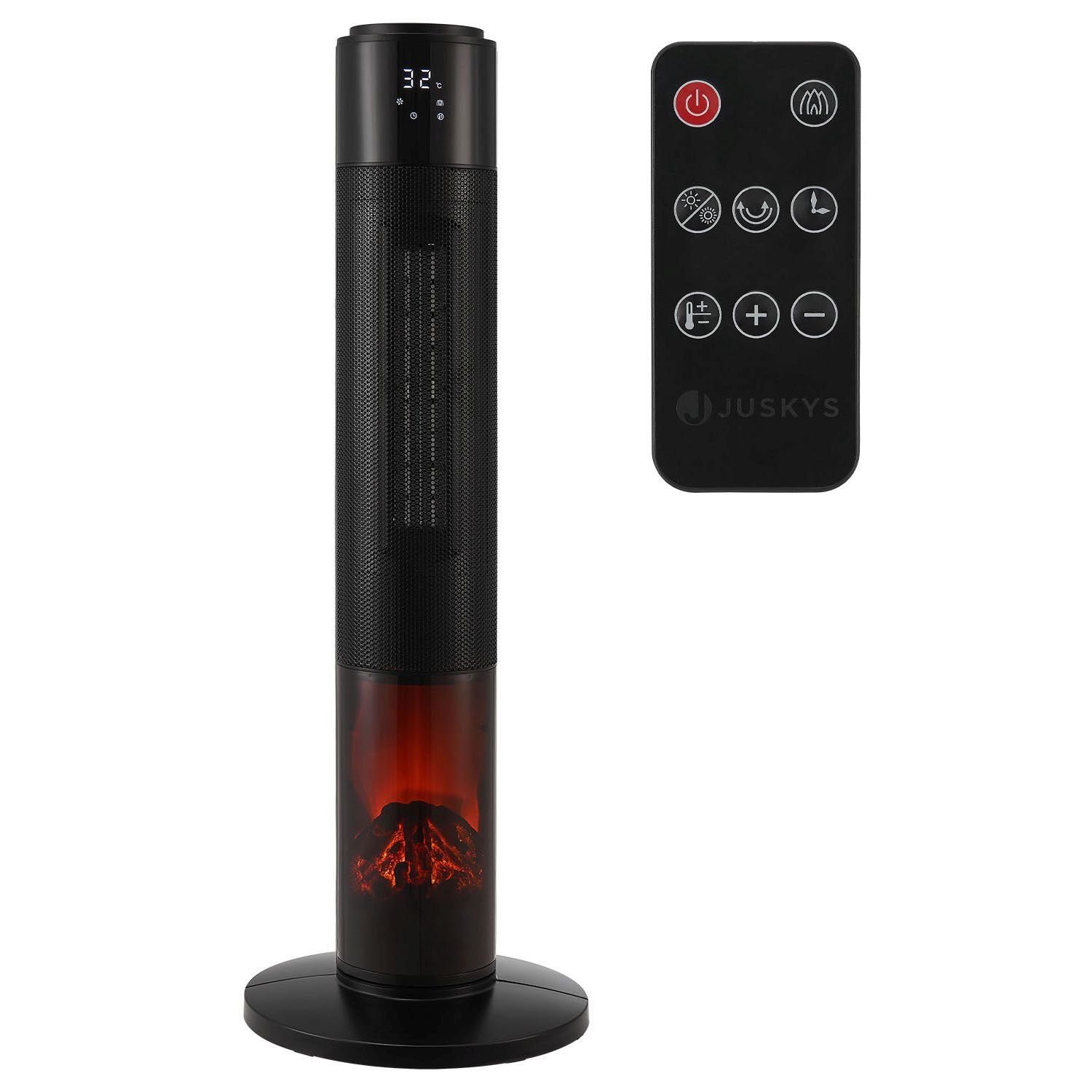 Juskys Heizlüfter Turm-Keramik-Heizer 1000/2000W in Schwarz, 2000 W, 2 Leistungsstufen, 50° Oszillation, LCD, Fernbedienung, Kamineffekt