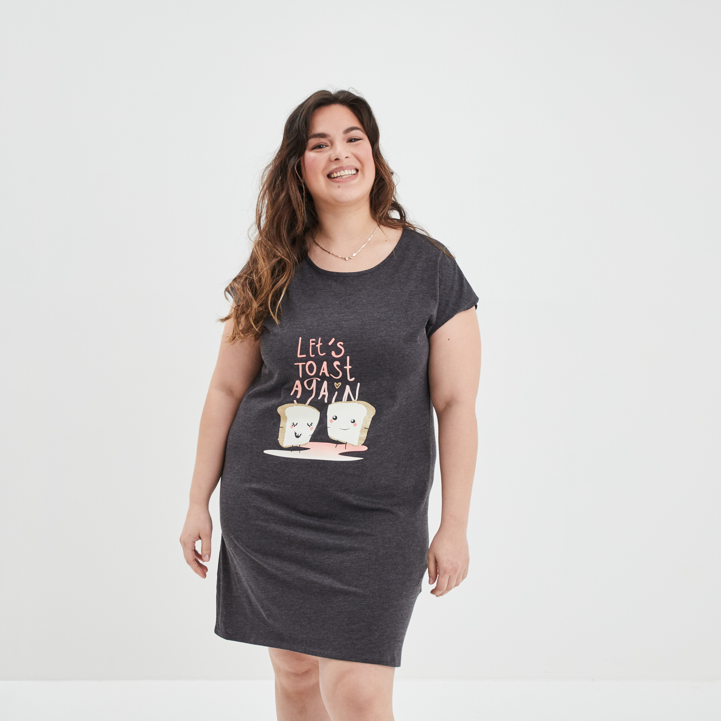 Chemise de nuit manches courtes coton gris foncé femme grande taille | La Halle