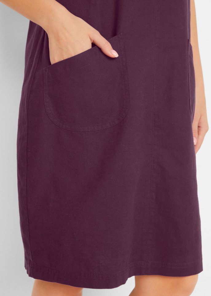 Knielanges Kleid mit Leinen und V-Ausschnitt, Halbarm