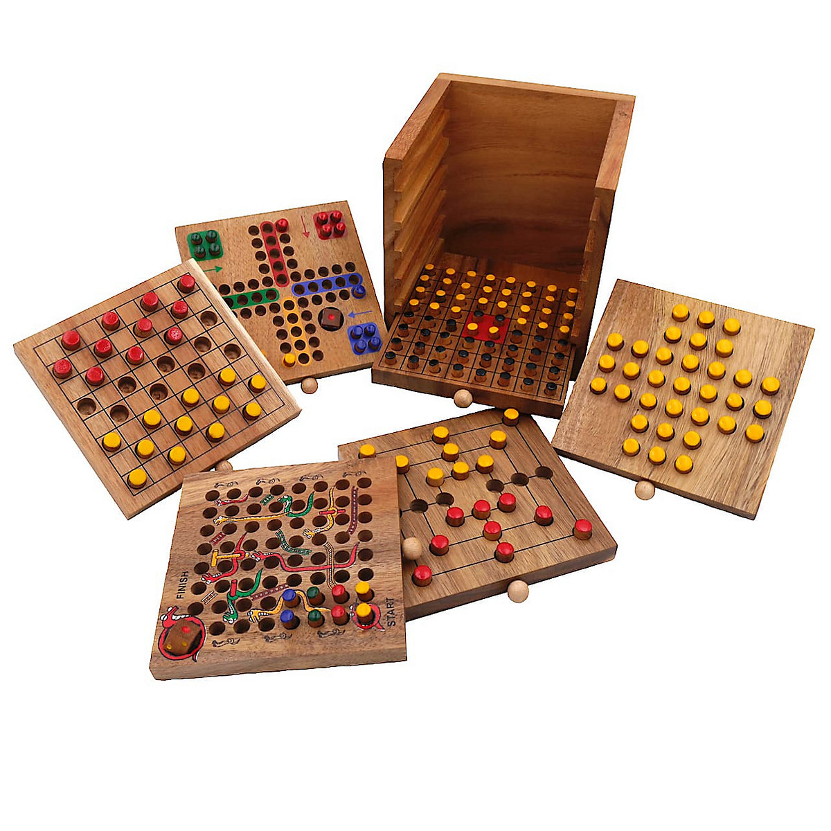 Tolle Spielesammlung, 6 verschiedene Spiele aus Holz in einer praktischen Holzbox